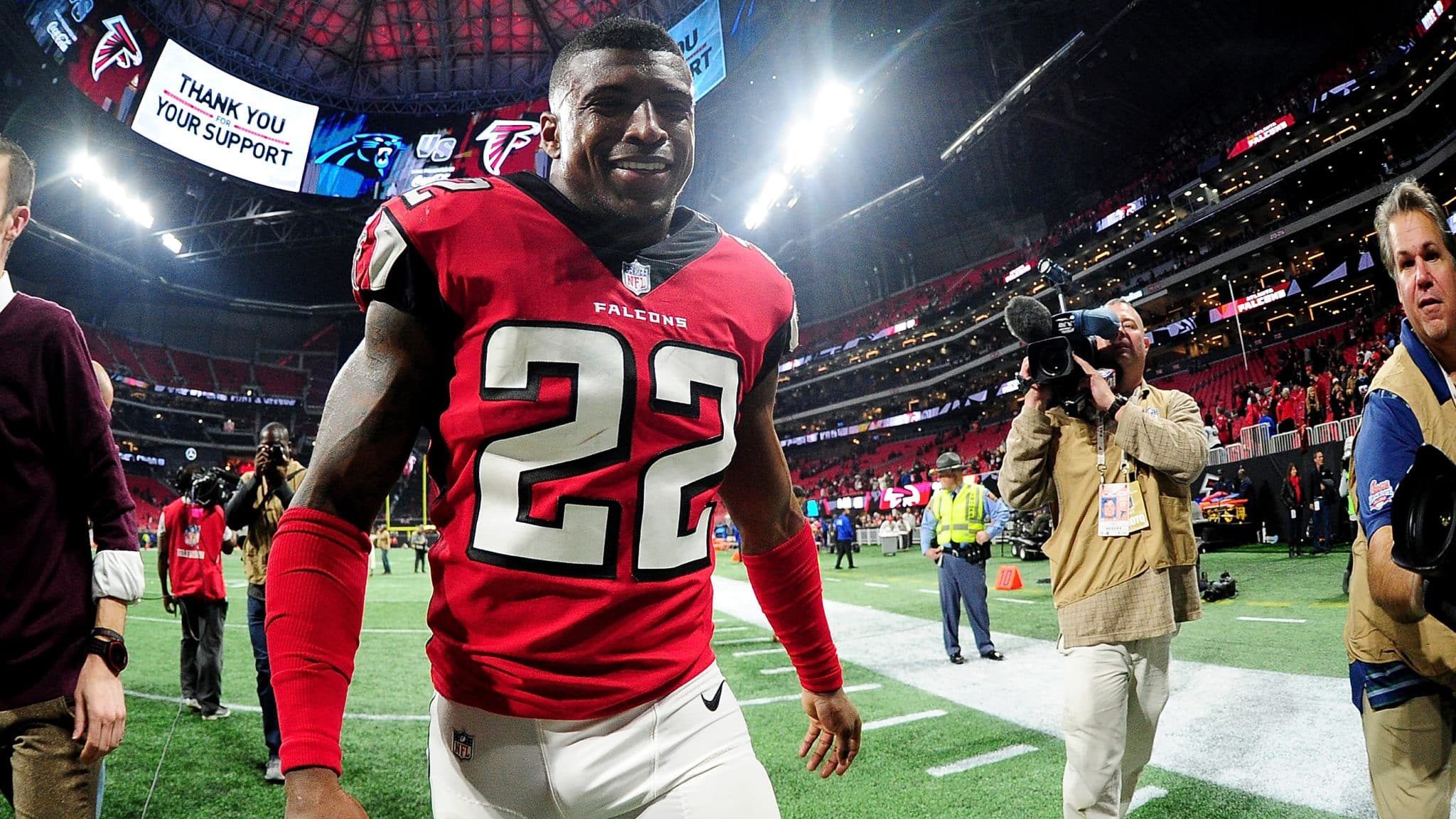 ATLANTA, GA - DECEMBER 31: Keanu Neal #22 of the Atlanta Falcons after the game against the Carolina Panthers at Mercedes-Benz Stadium on December 31, 2017 in Atlanta, Georgia.