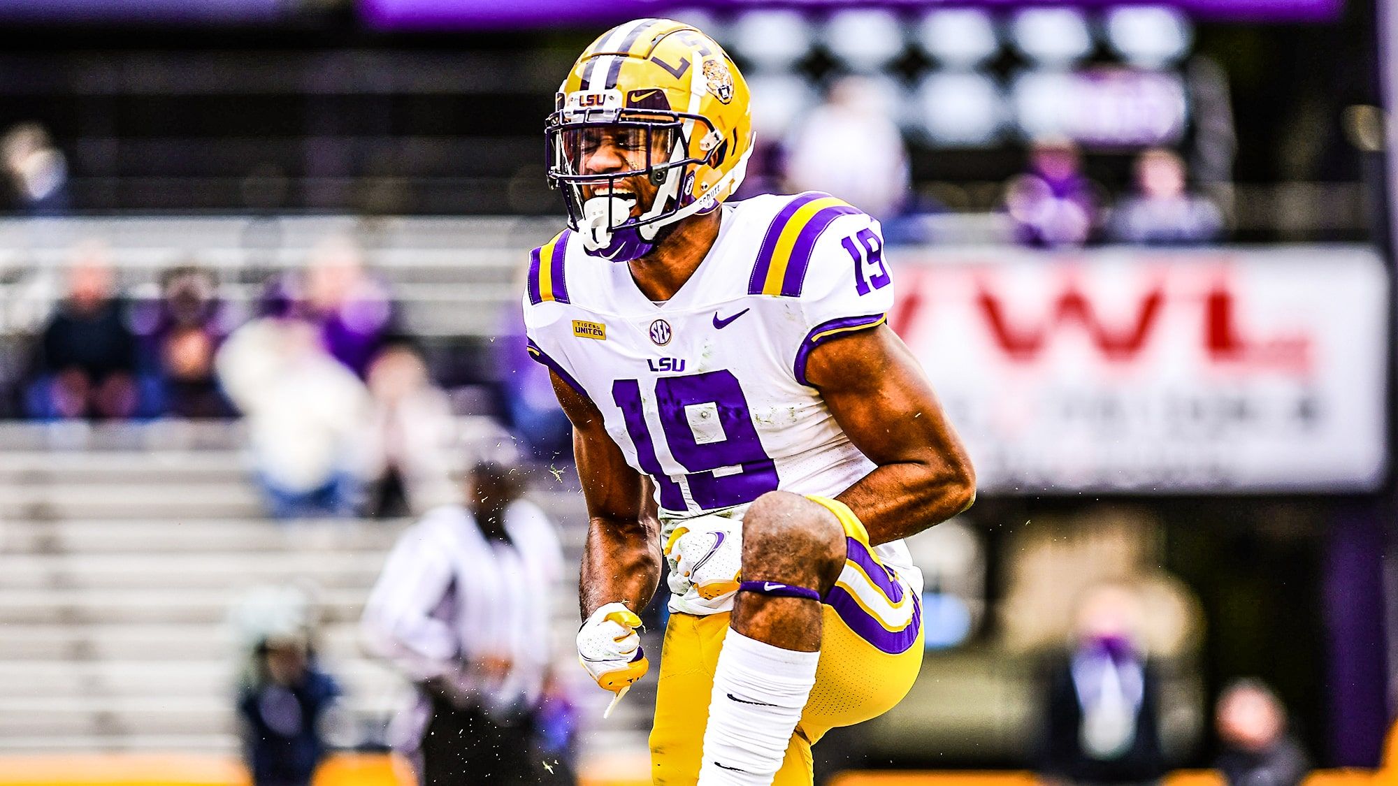 BATON ROUGE, LA - DECEMBER 19: Jabril Cox #19 of the LSU Tigers reacts after a play against the Ole Miss Rebels at Tiger Stadium on December 19, 2020 in Baton Rouge, Louisiana.
