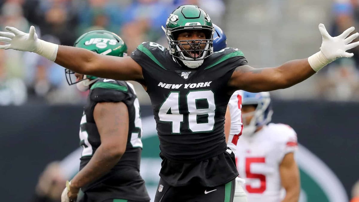 EAST RUTHERFORD, NEW JERSEY - NOVEMBER 10: Jordan Jenkins #48 of the New York Jets celebrates after he sacked Daniel Jones of the New York Giants in the second quarter at MetLife Stadium on November 10, 2019 in East Rutherford, New Jersey.