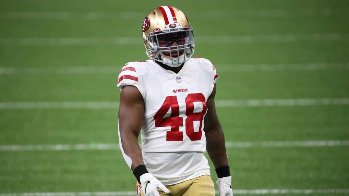 NEW ORLEANS, LOUISIANA - NOVEMBER 15: Austin Walter #48 of the San Francisco 49ers looks on prior to their game against the New Orleans Saints at Mercedes-Benz Superdome on November 15, 2020 in New Orleans, Louisiana.