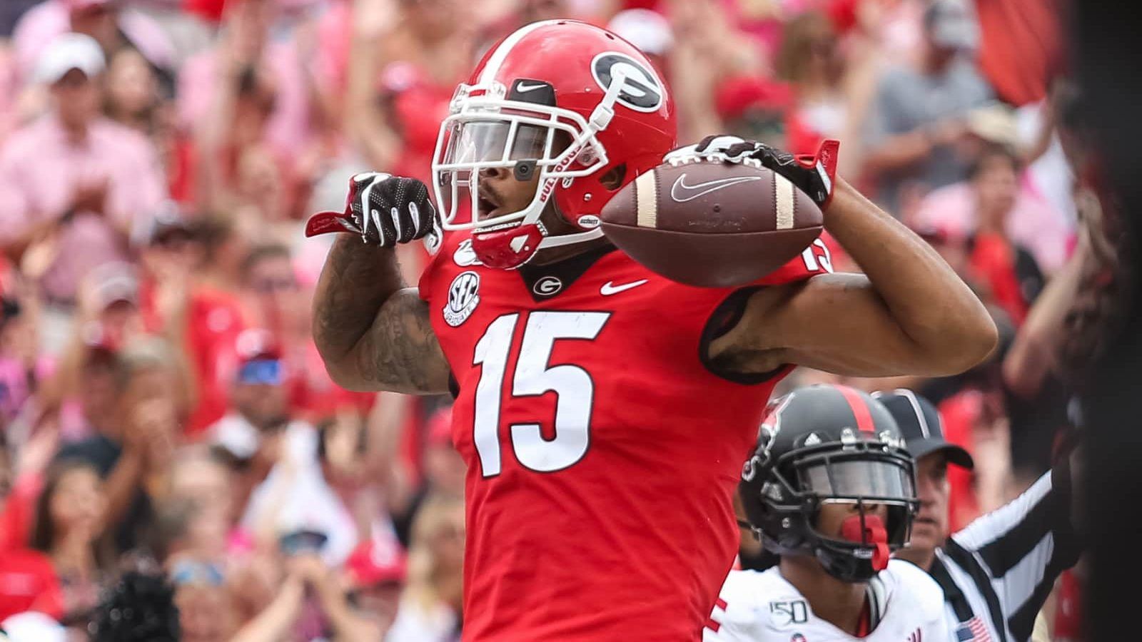 ATHENS, GA - SEPTEMBER 14: Lawrence Cager #15 of the Georgia Bulldogs celebrates a pass reception for a touchdown during the first half of a game against the Arkansas State Red Wolves at Sanford Stadium on September 14, 2019 in Athens, Georgia.