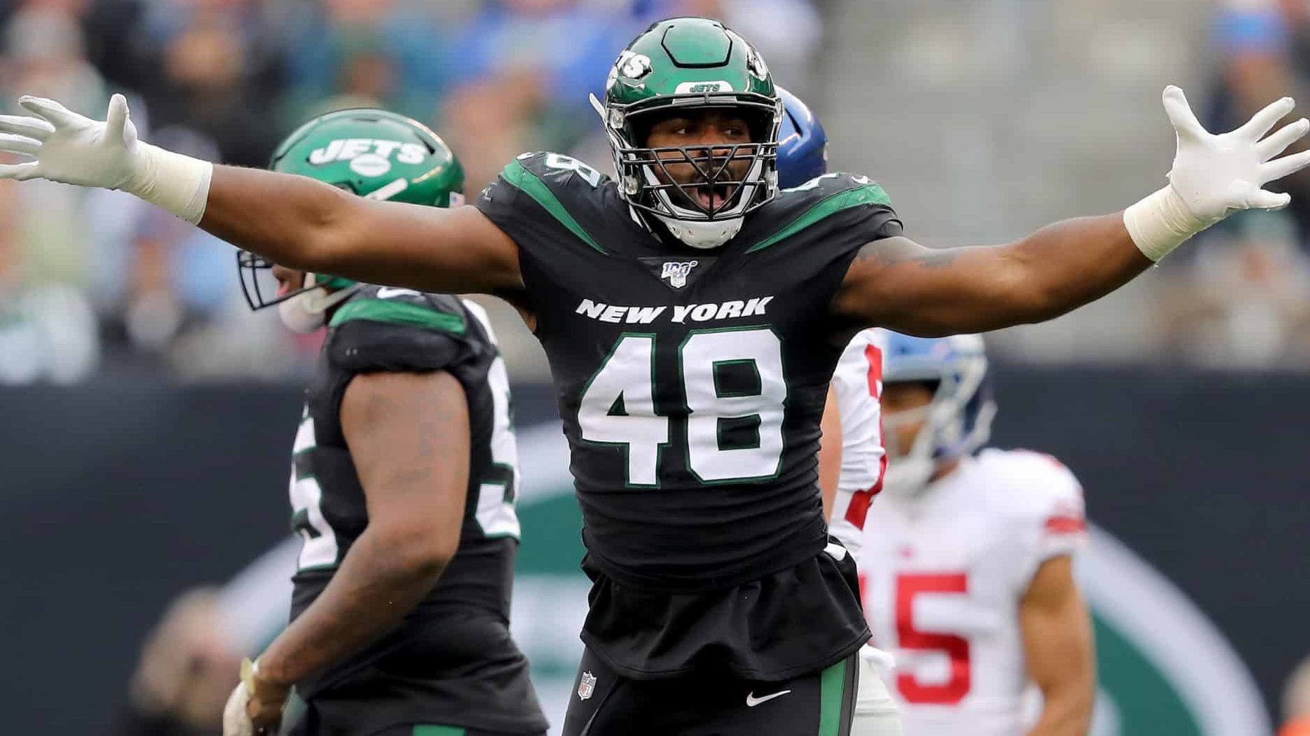 EAST RUTHERFORD, NEW JERSEY - NOVEMBER 10: Jordan Jenkins #48 of the New York Jets celebrates after he sacked Daniel Jones of the New York Giants in the second quarter at MetLife Stadium on November 10, 2019 in East Rutherford, New Jersey.