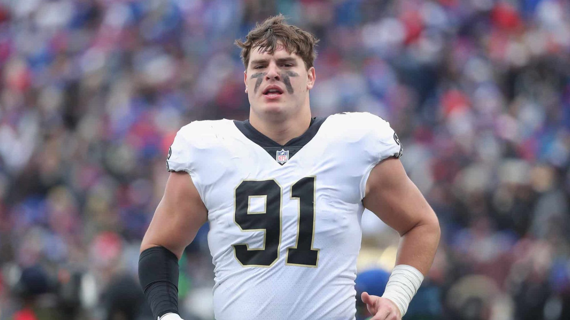 BUFFALO, NY - NOVEMBER 12: Trey Hendrickson #91 of the New Orleans Saints during NFL game action against the Buffalo Bills at New Era Field on November 12, 2017 in Buffalo, New York.