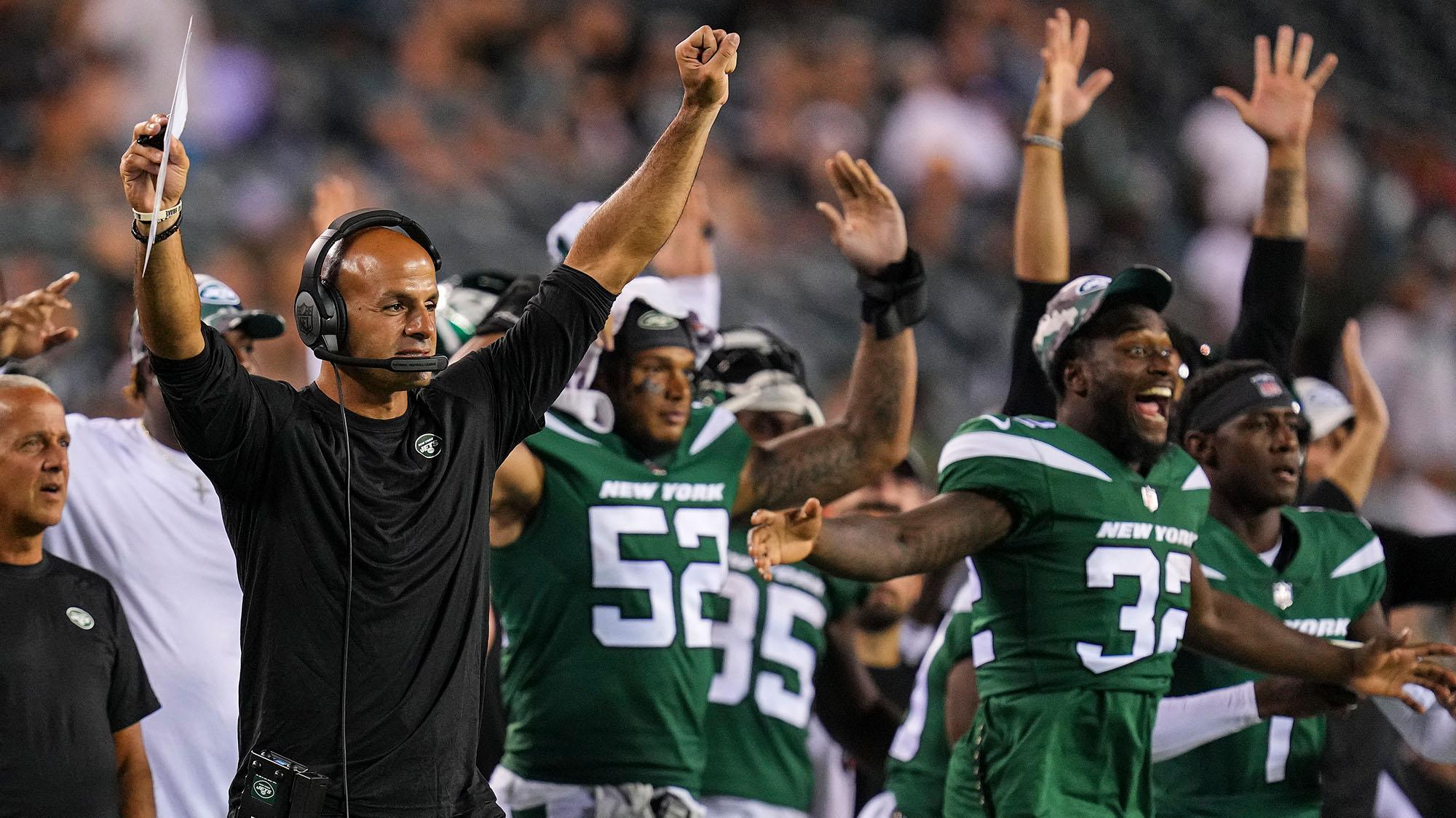 Robert Saleh, Michael Carter, Jermaine Johnson, NY Jets Celebrate