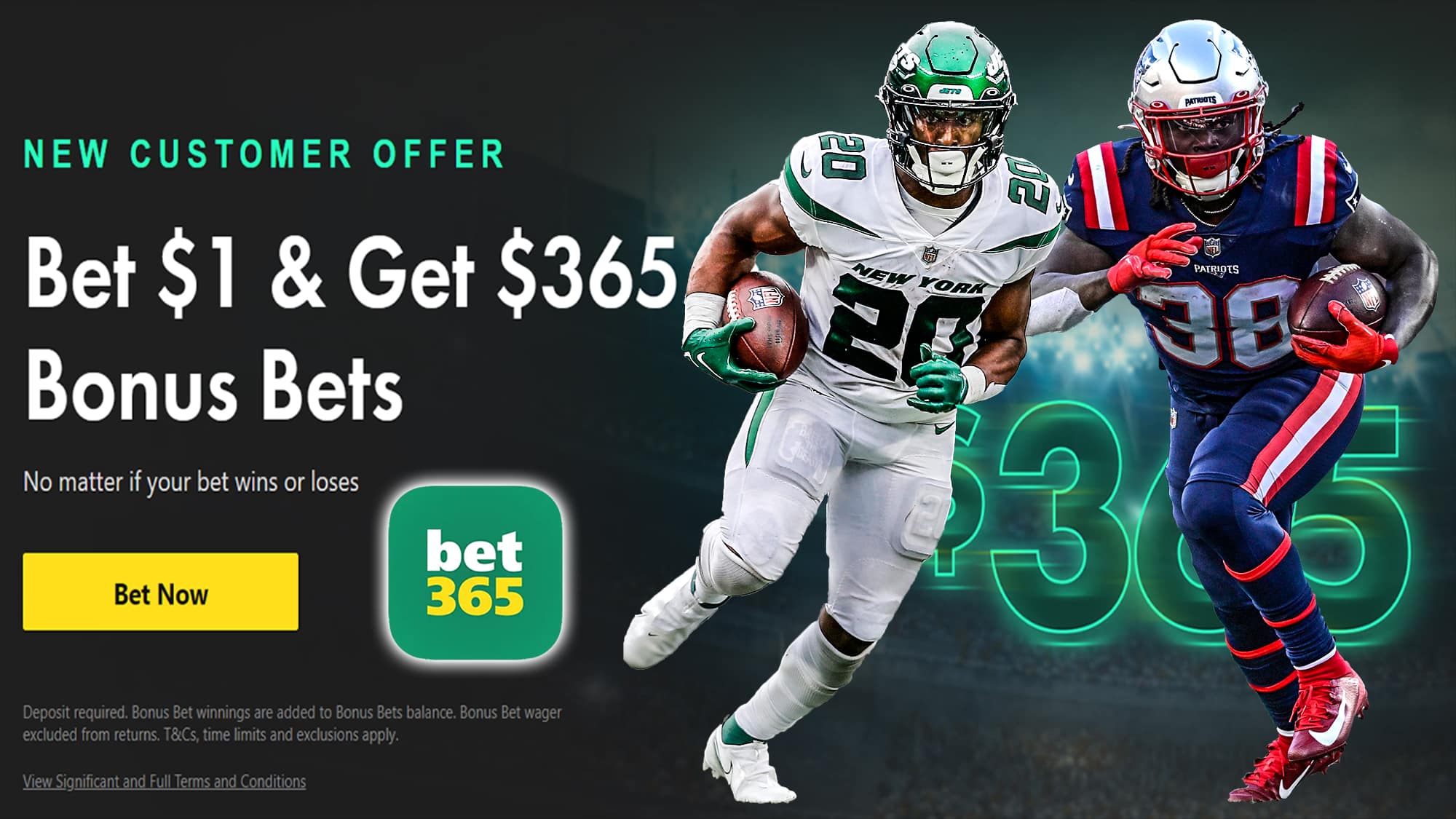 bet365 Promo Code, $365 Instant Bonus, New York Jets vs. New England Patriots