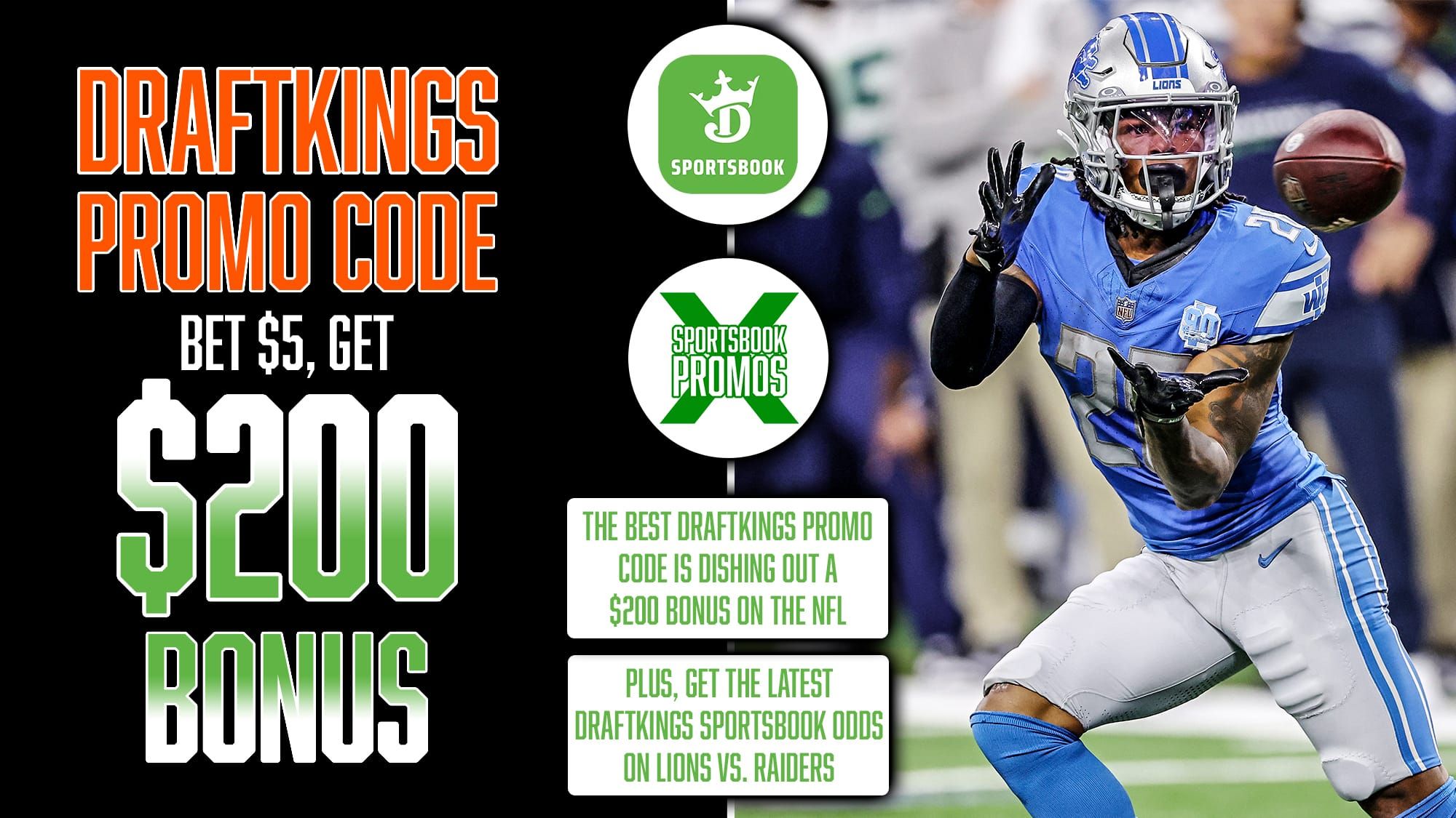 DraftKings Promo Code, Bet $5 and Get $200 Bonus, NFL Odds, Lions vs. Raiders, Jahmyr Gibbs