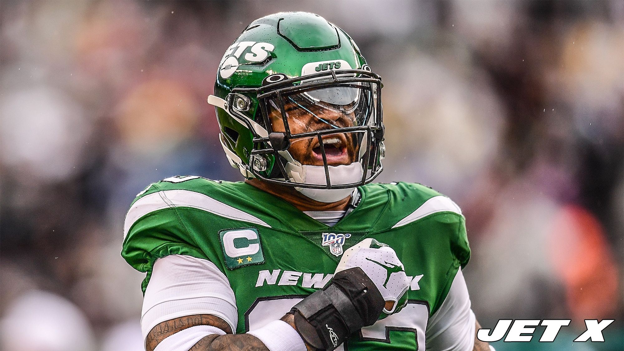 EAST RUTHERFORD, NEW JERSEY - NOVEMBER 24: Jamal Adams #33 of the New York Jets reacts after sacking Derek Carr #4 of the Oakland Raiders during the first half of their game at MetLife Stadium on November 24, 2019 in East Rutherford, New Jersey.