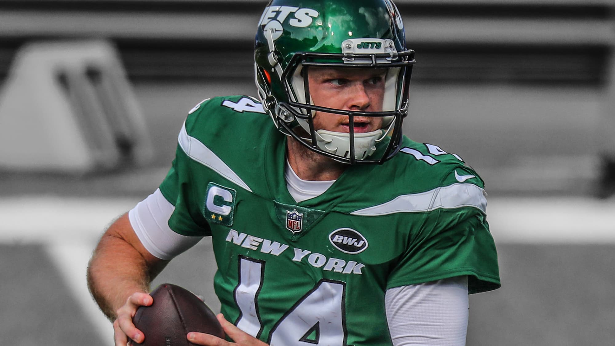 ORCHARD PARK, NY - SEPTEMBER 13: Sam Darnold #14 of the New York Jets looks to throw a pass during the second half against the Buffalo Bills at Bills Stadium on September 13, 2020 in Orchard Park, New York. Bills beat the Jets 27 to 17.
