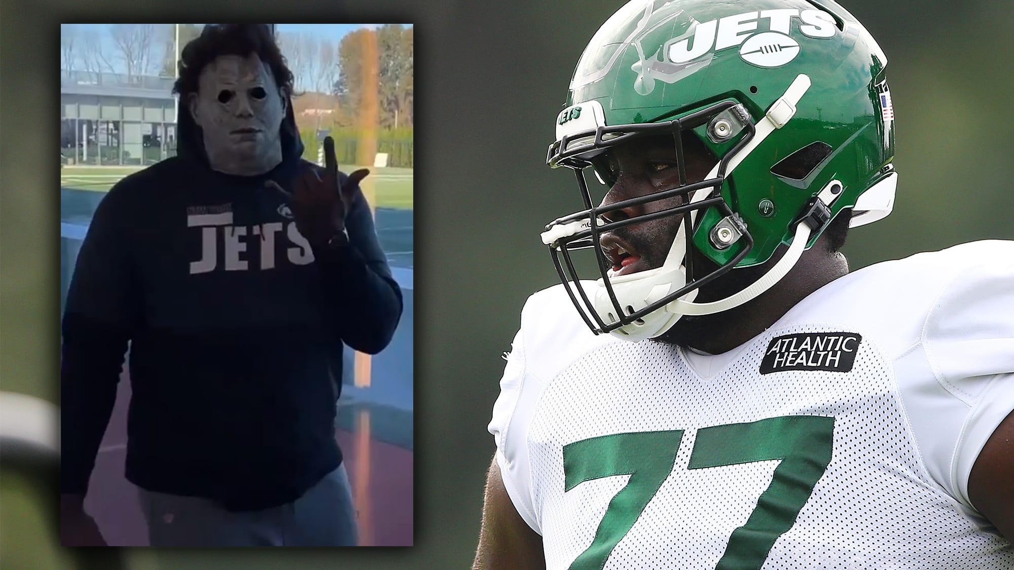 Mekhi Becton wears a Michael Myers mask to work.