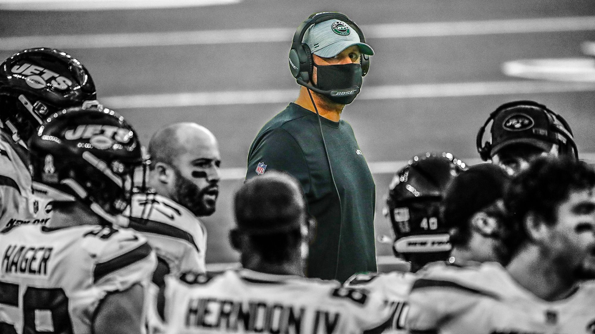 INGLEWOOD, CALIFORNIA - NOVEMBER 22: Head coach Adam Gase of the New York Jets looks on during the second half against the Los Angeles Chargers at SoFi Stadium on November 22, 2020 in Inglewood, California.