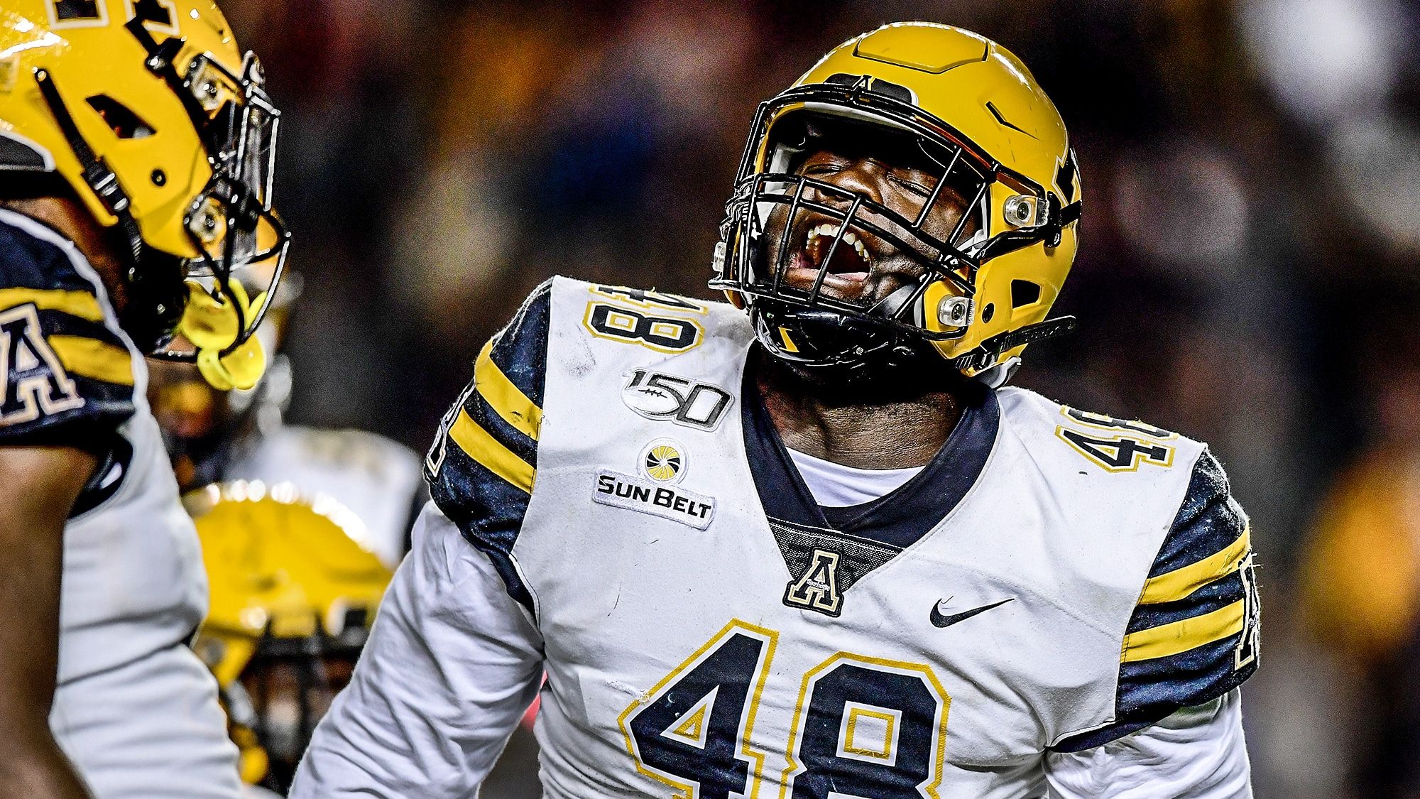 COLUMBIA, SOUTH CAROLINA - NOVEMBER 09: Demetrius Taylor #48 of the Appalachian State Mountaineers reacts after a defensive play in the second quarter during their game against the South Carolina Gamecocks at Williams-Brice Stadium on November 09, 2019 in Columbia, South Carolina.