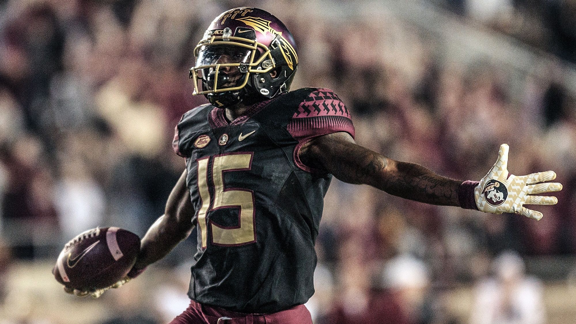 TALLAHASSEE, FL - NOVEMBER 17: Florida State Seminoles wide receiver Tamorrion Terry (15) celebrates while running into the end-zone for a touchdown during the game between the Florida State Seminoles and the Boston College Eagles on November 17, 2018, at Doak Campbell Stadium in Tallahassee, Florida.