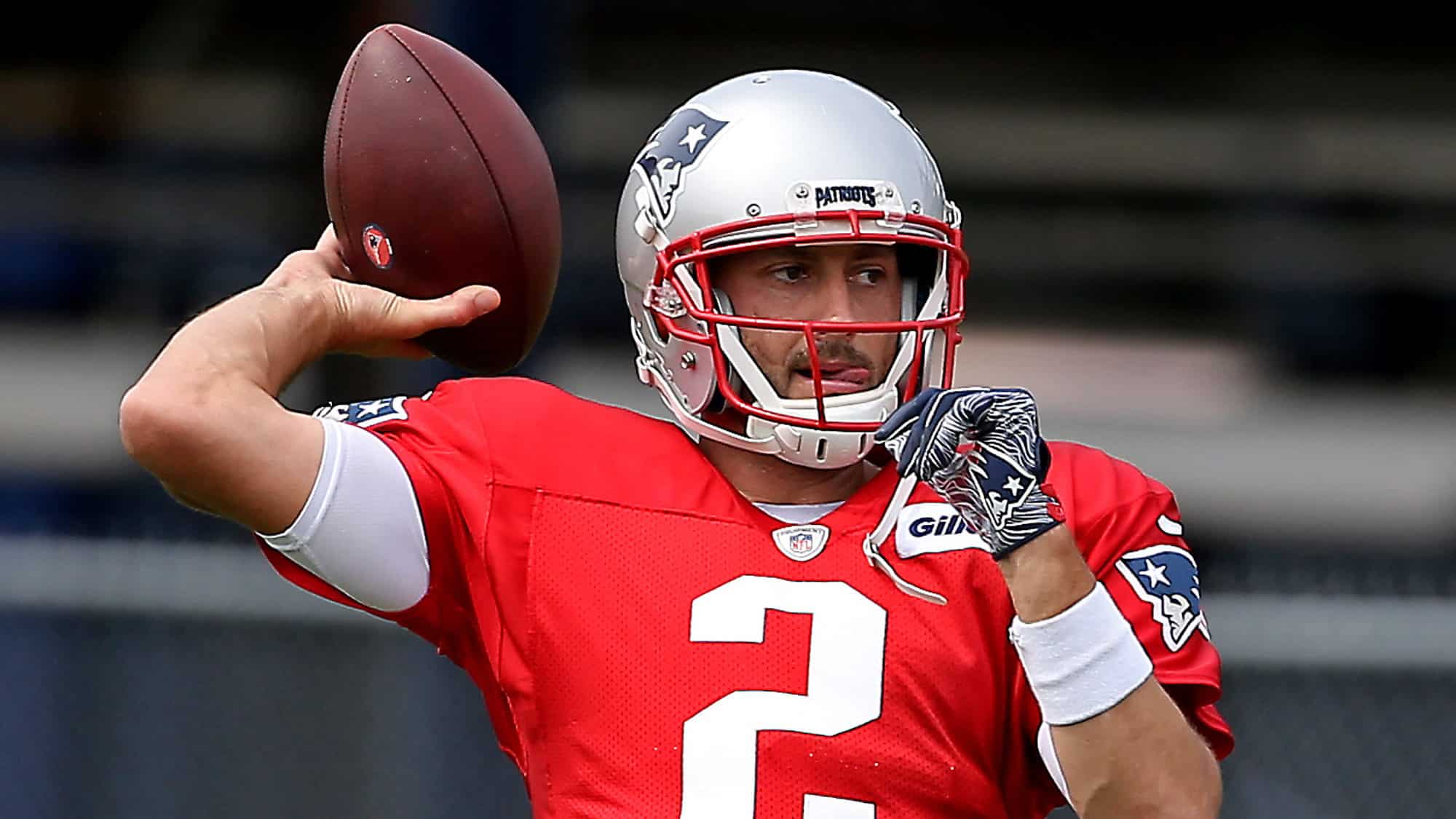 FOXBORO, MA. - SEPTEMBER 9: Quarterback Brian Hoyer #2 of the New England Patriots throws during practice at Gillette Stadium on September 9, 2020 in Foxboro, Massachusetts.