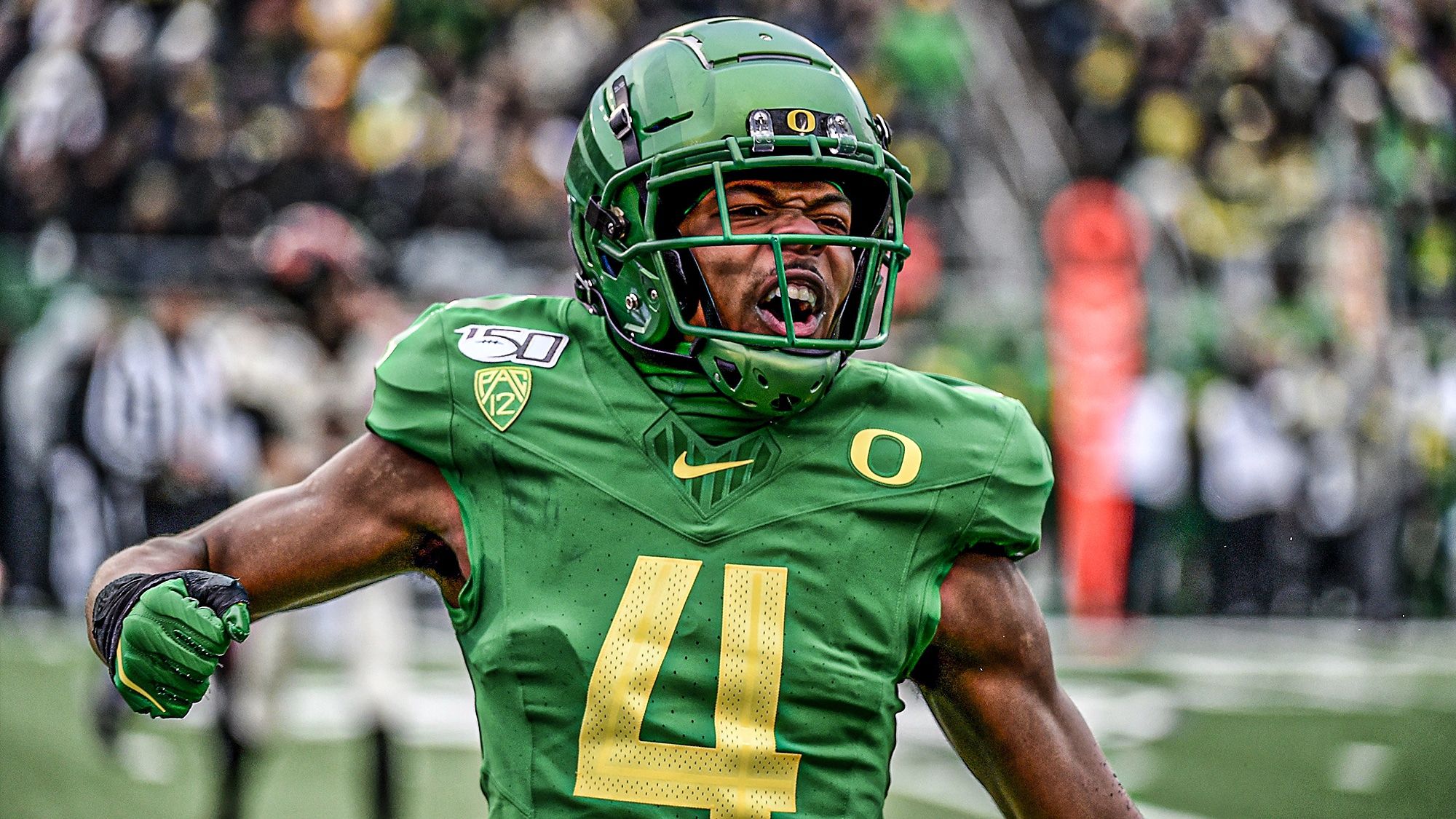 EUGENE, OREGON - NOVEMBER 30: Oregon Ducks cornerback Thomas Graham Jr. #4 reacts to a play during the first half of the game against the Oregon State Beavers at Autzen Stadium on November 30, 2019 in Eugene, Oregon.