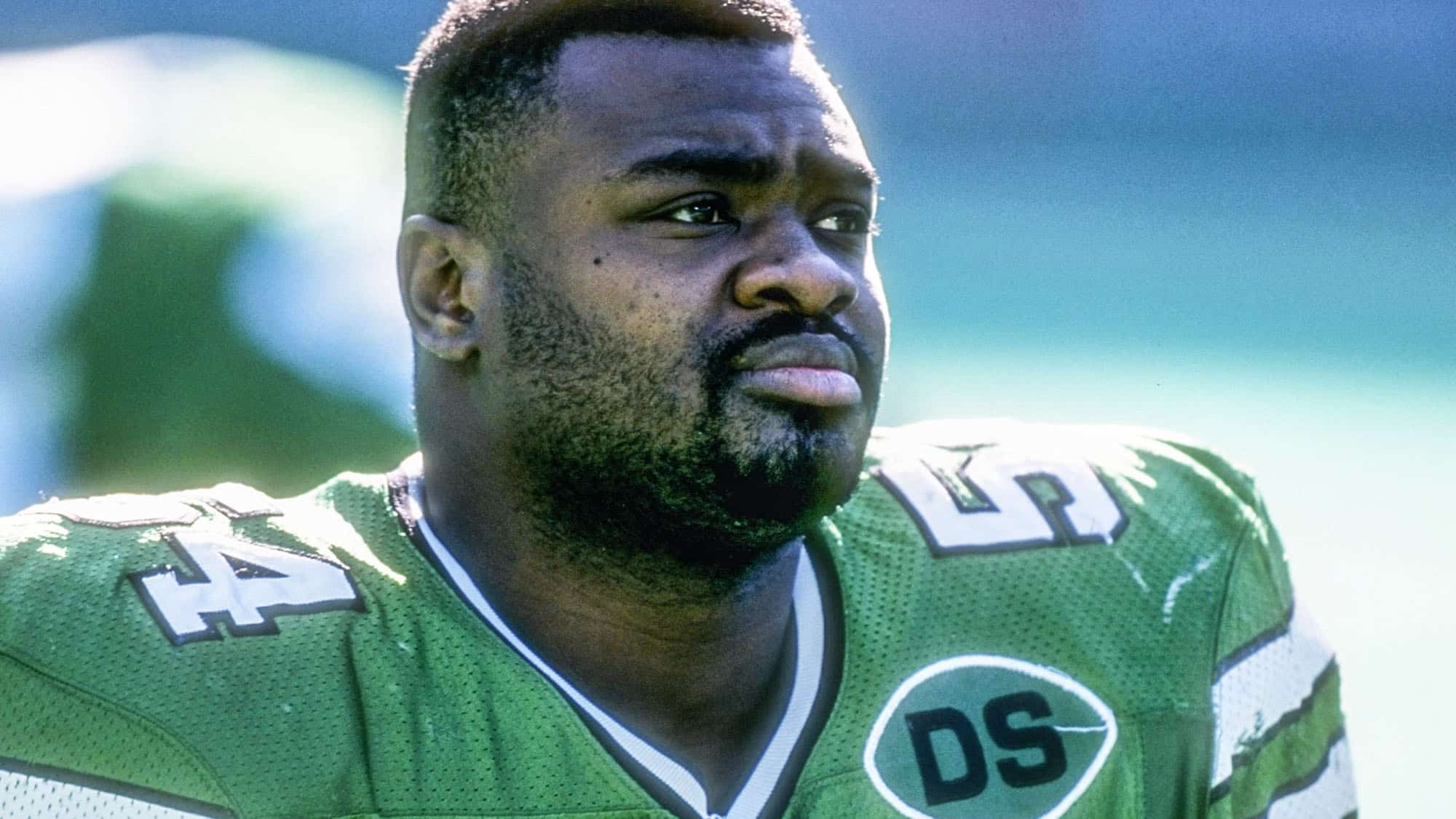 Linebacker Marvin Jones of the New York Jets looks on during a game against the New Orleans Saints at Giants Stadium in East Rutherford, New Jersey. The Saints won the game, 12-0. 24 Dec 1995.
