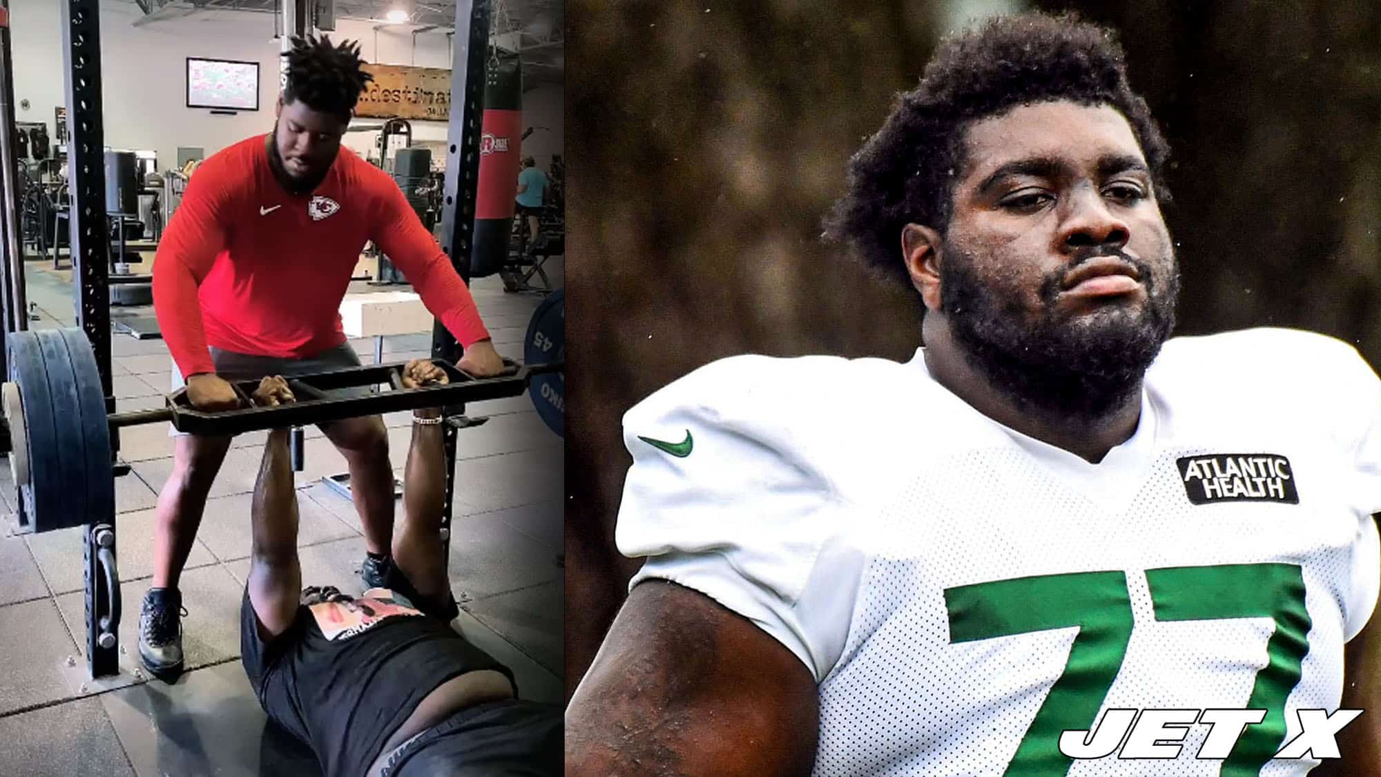 Mekhi Becton pulls of an impressive 370-pound floor press.