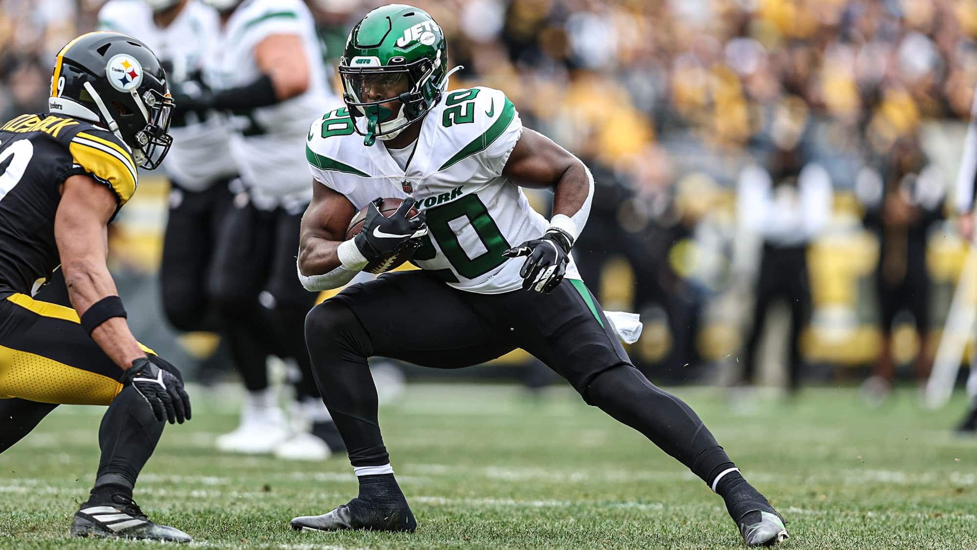 Breece Hall, NY Jets, Uniform, White Black