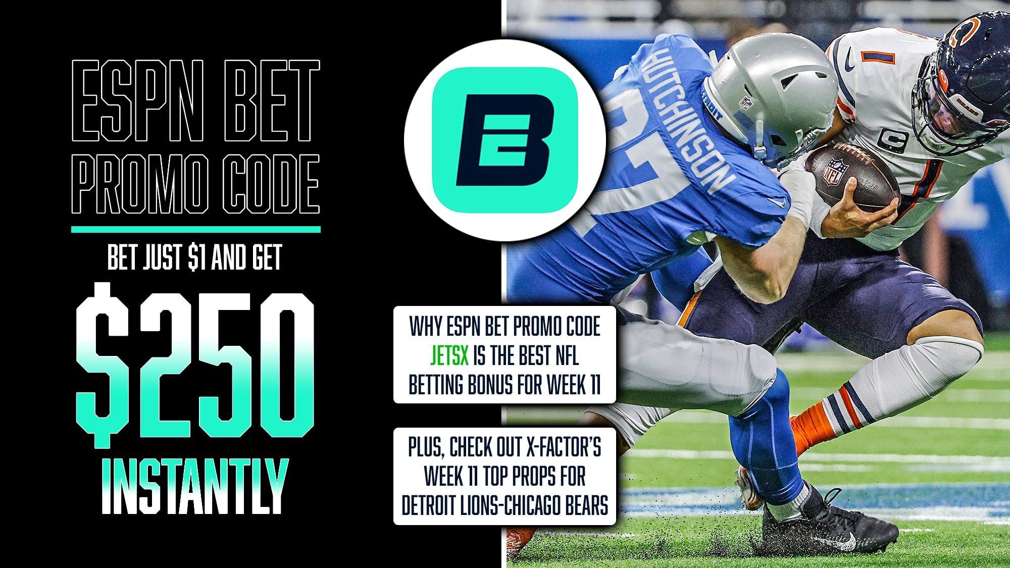 ESPN Bet NFL Promo, Get $250 Bonus, Week 11, Lions-Bears Top Props