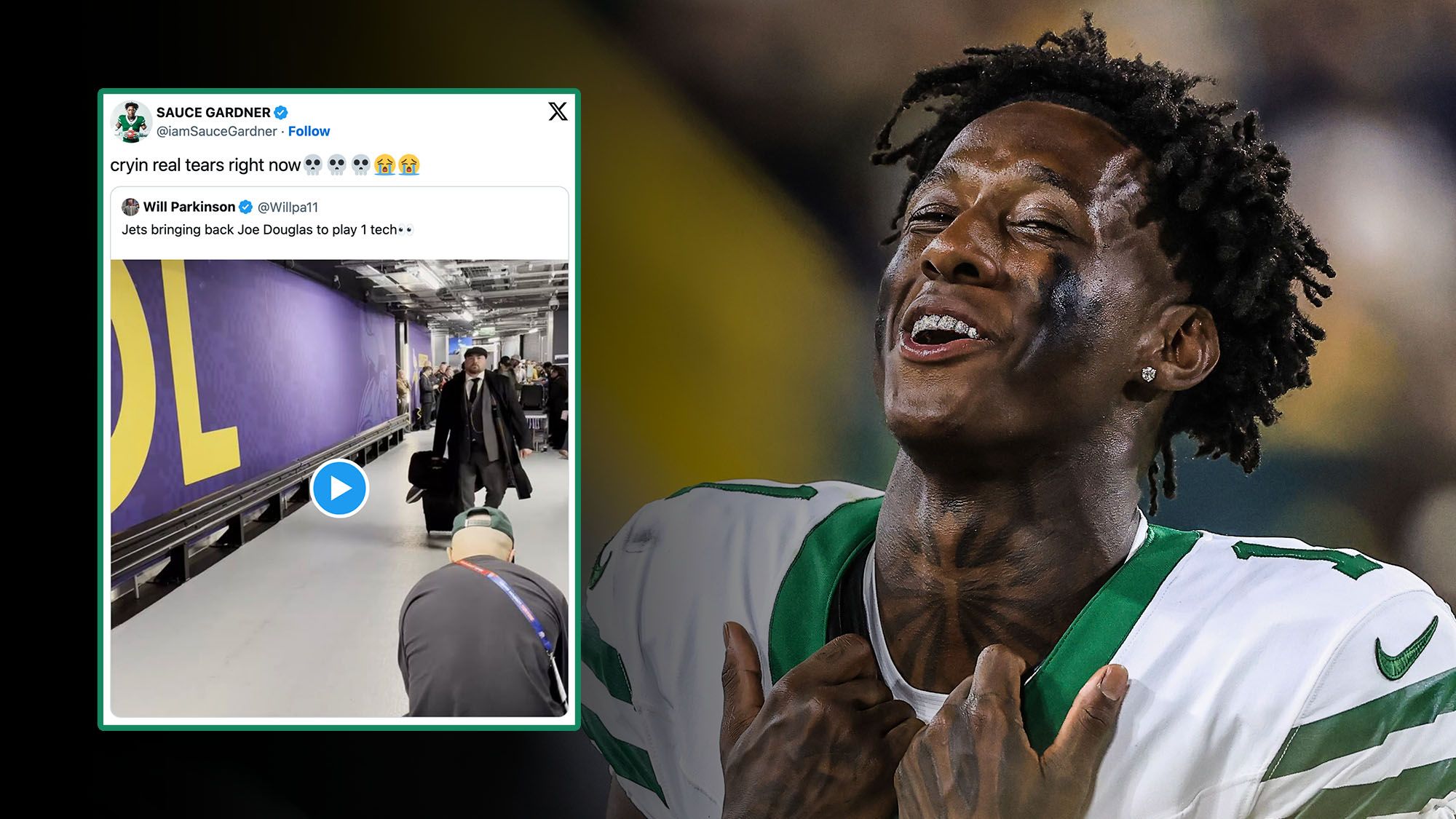 Jets' Sauce Gardner is in tears over Harrison Phillips meme, image size:2000x1125