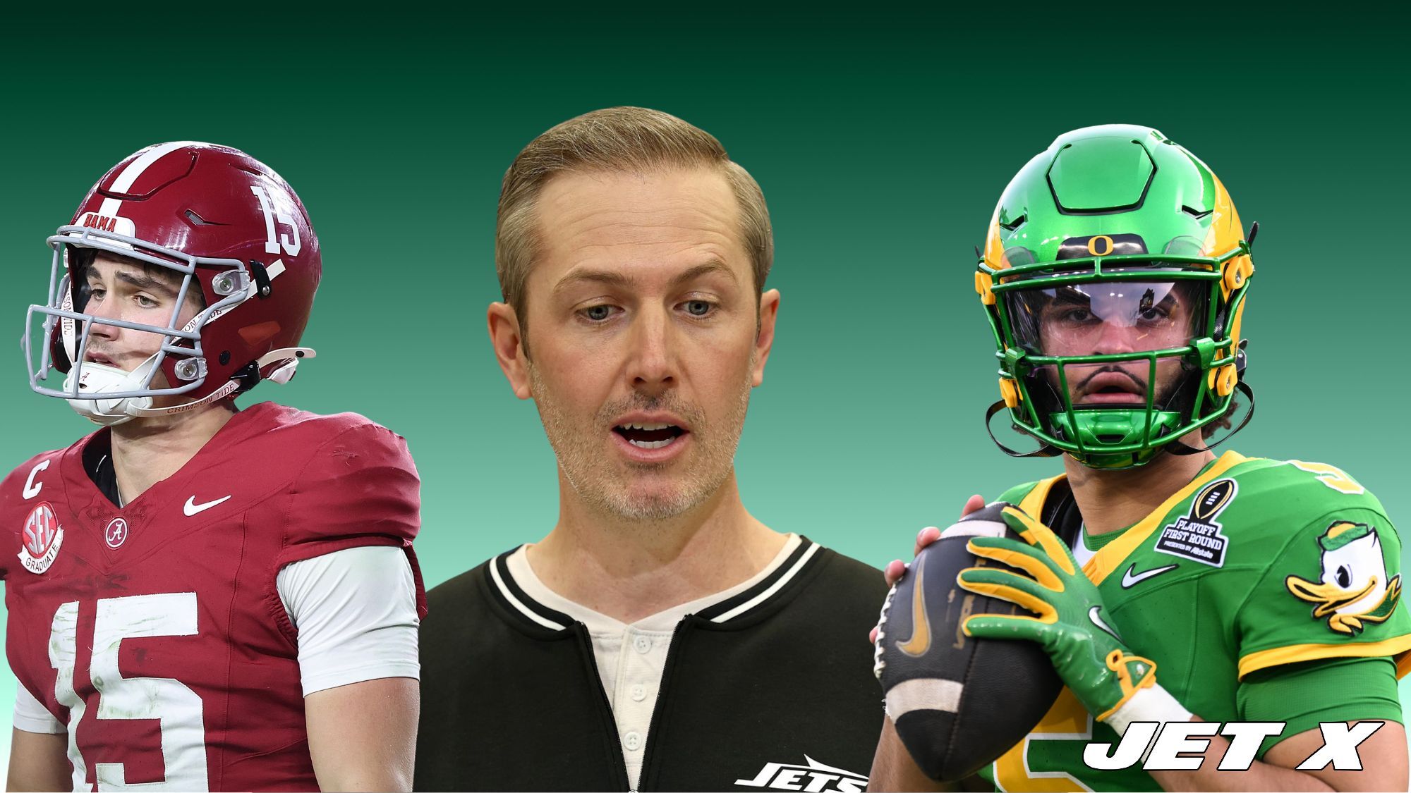 Dante Moore, Ty Simpson, Darren Mougey, New York Jets, Getty Images, Jet X Graphic