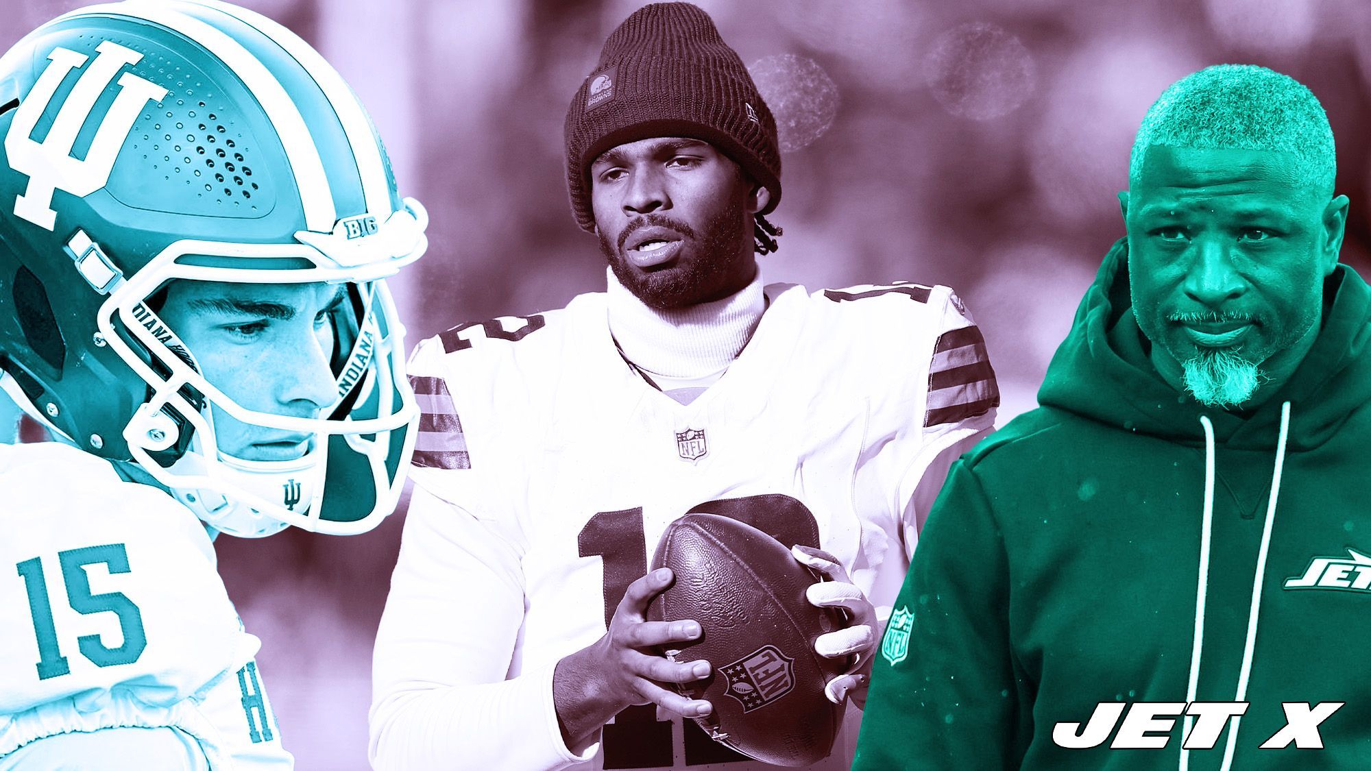 Shedeur Sanders, Aaron Glenn, Fernando Mendoza, New York Jets, Getty Images, Jet X Graphic