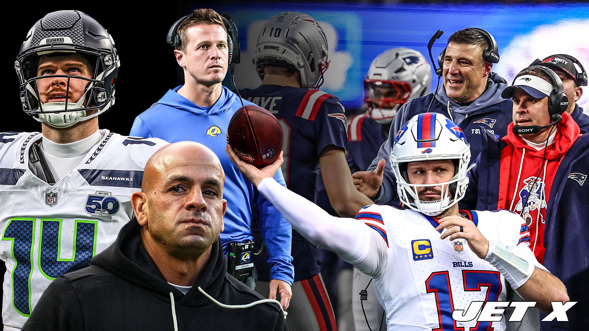 Sam Darnold, Robert Saleh, Mike LaFleur, Josh Allen, Drake Maye, Mike Vrabel, Josh McDaniels