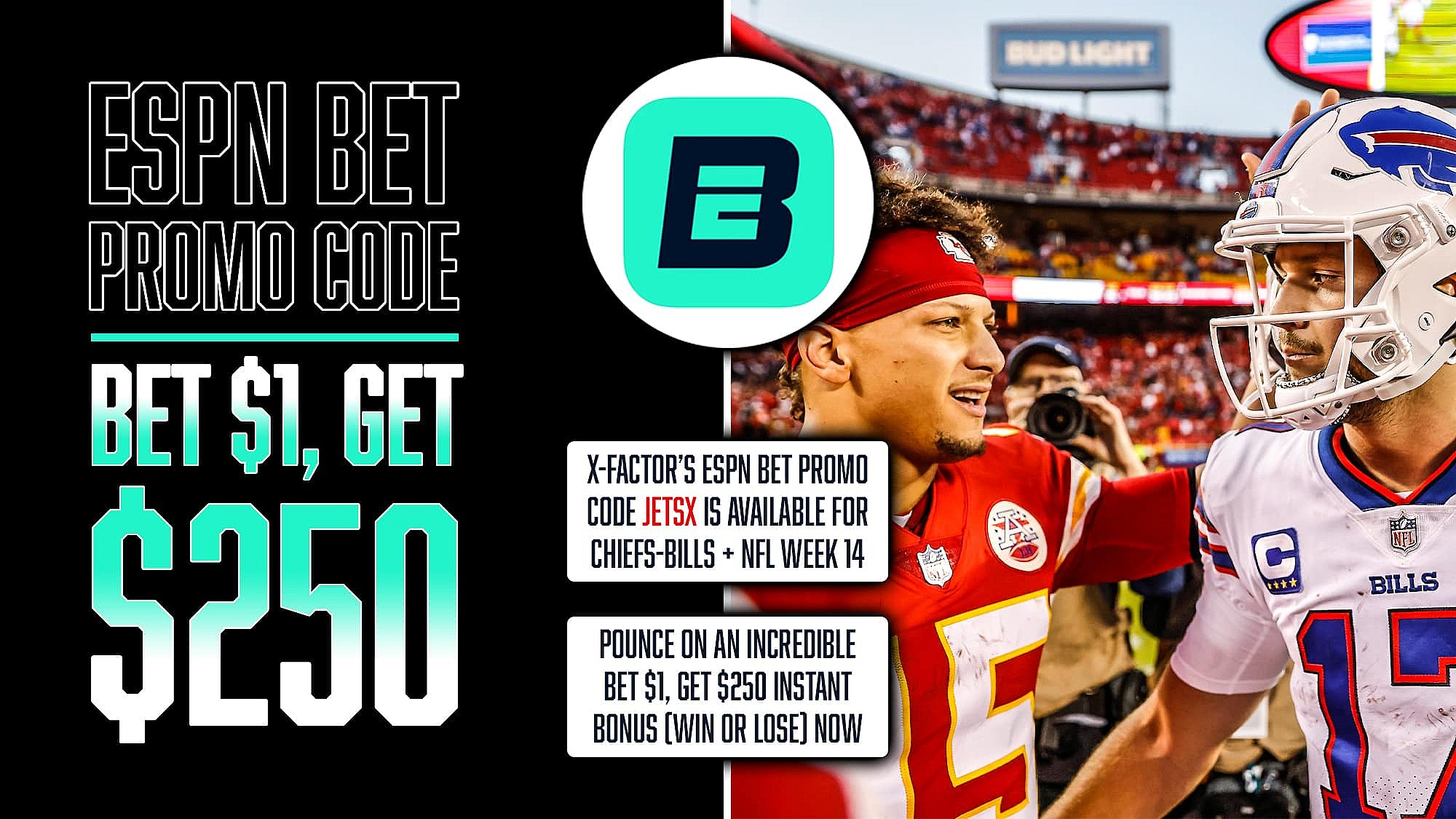 ESPN Bet Promo Code JETSX, Kansas City Chiefs, Buffalo Bills, NFL Week 14, Claim $250 Bonus