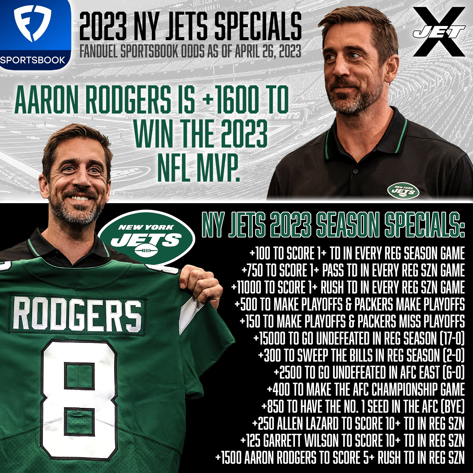 FanDuel Sportsbook, New York Jets Season Specials, Aaron Rodgers