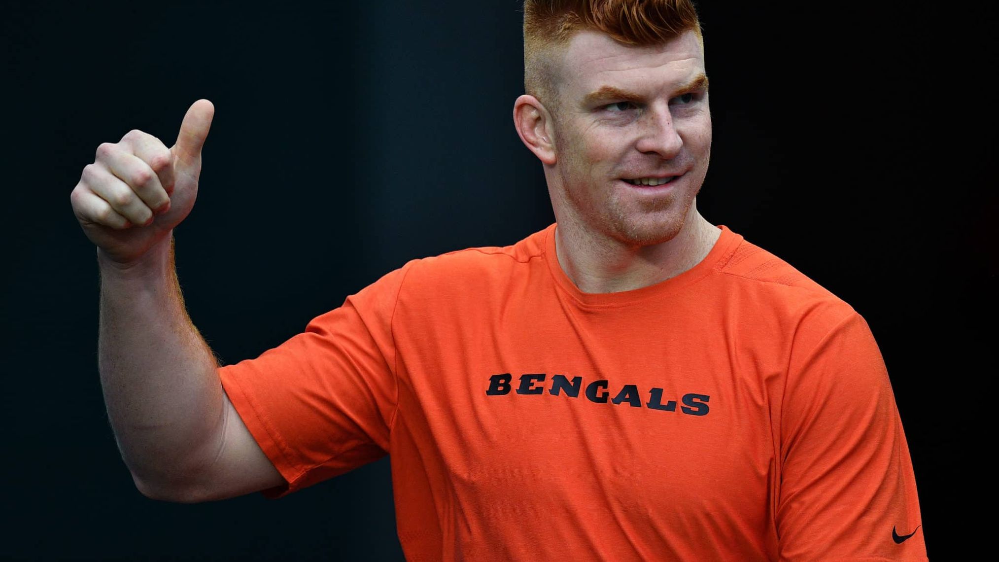 MIAMI, FLORIDA - DECEMBER 22: Andy Dalton #14 of the Cincinnati Bengals gestures to the fans prior to the game against the Miami Dolphins at Hard Rock Stadium on December 22, 2019 in Miami, Florida.
