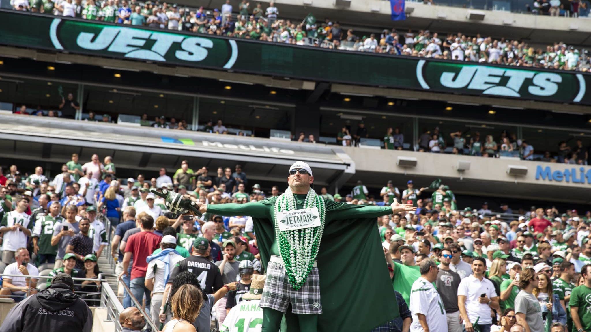 EAST RUTHERFORD, NJ - SEPTEMBER 08: New York Jetman excites the crowd before the game between the New York Jets and the Buffalo Bills at MetLife Stadium on September 8, 2019 in East Rutherford, New Jersey. Buffalo defeats New York 17-16.