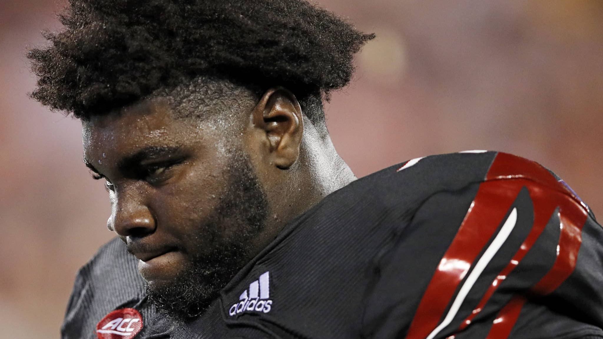 LOUISVILLE, KY - OCTOBER 05: Mekhi Becton #73 of the Louisville Cardinals reacts in the second half of the game against the Georgia Tech Yellow Jackets at Cardinal Stadium on October 5, 2018 in Louisville, Kentucky.