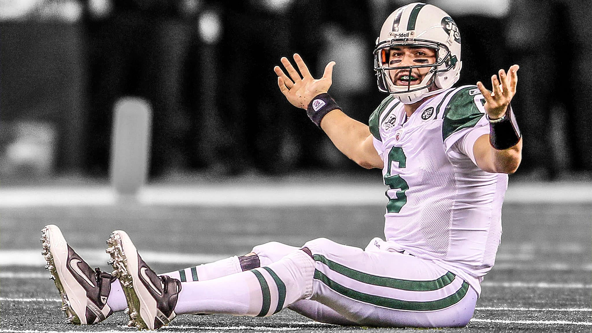 INDIANAPOLIS - JANUARY 24: Quarterback Mark Sanchez #6 of the New York Jets reacts in the third quarter against the Indianapolis Colts during the AFC Championship Game at Lucas Oil Stadium on January 24, 2010 in Indianapolis, Indiana.