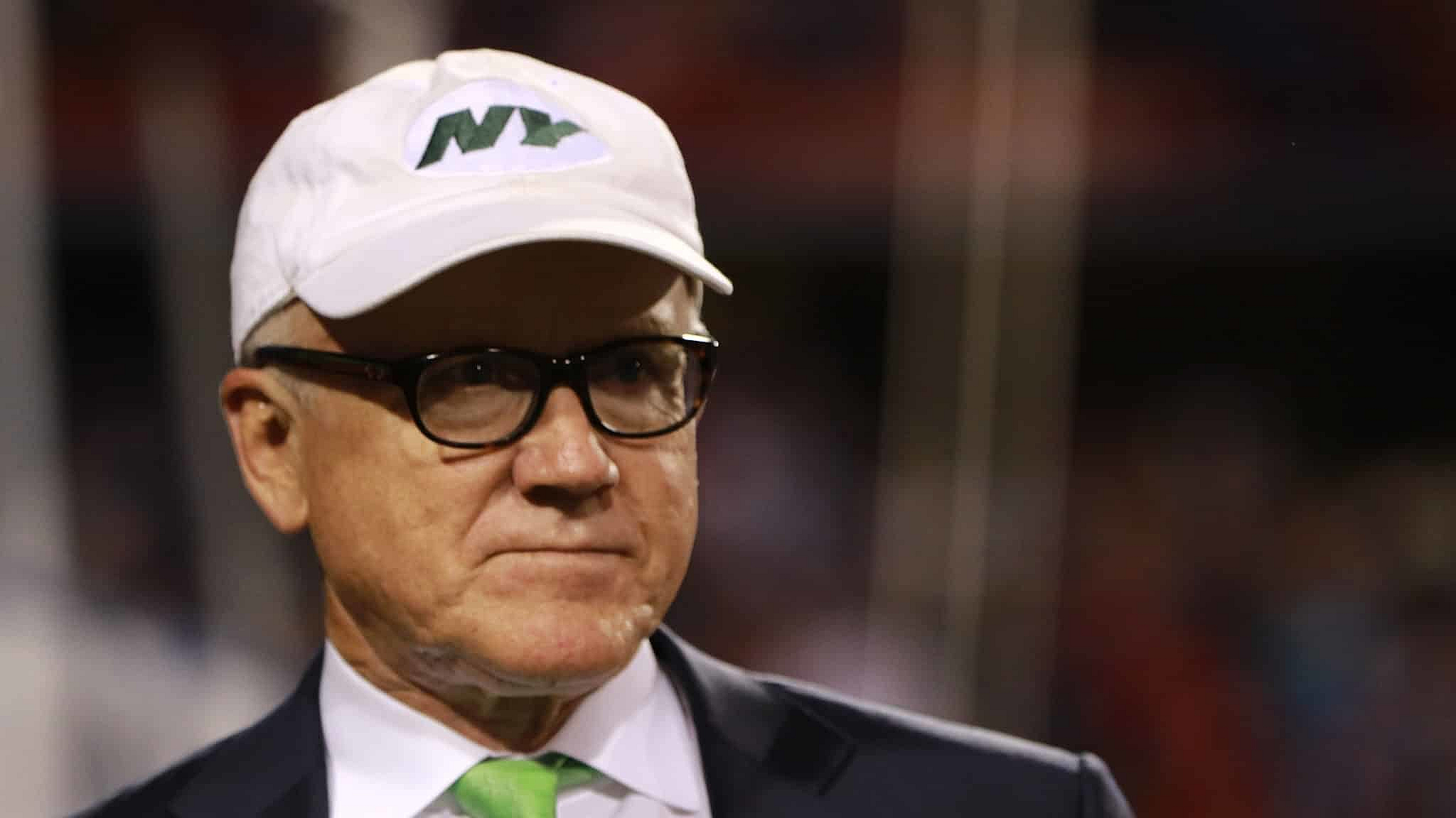 ORCHARD PARK, NY - SEPTEMBER 15: New York Jets owner Woody Johnson talks on the sidelines before the game against the Buffalo Bills at New Era Field on September 15, 2016 in Orchard Park, New York.