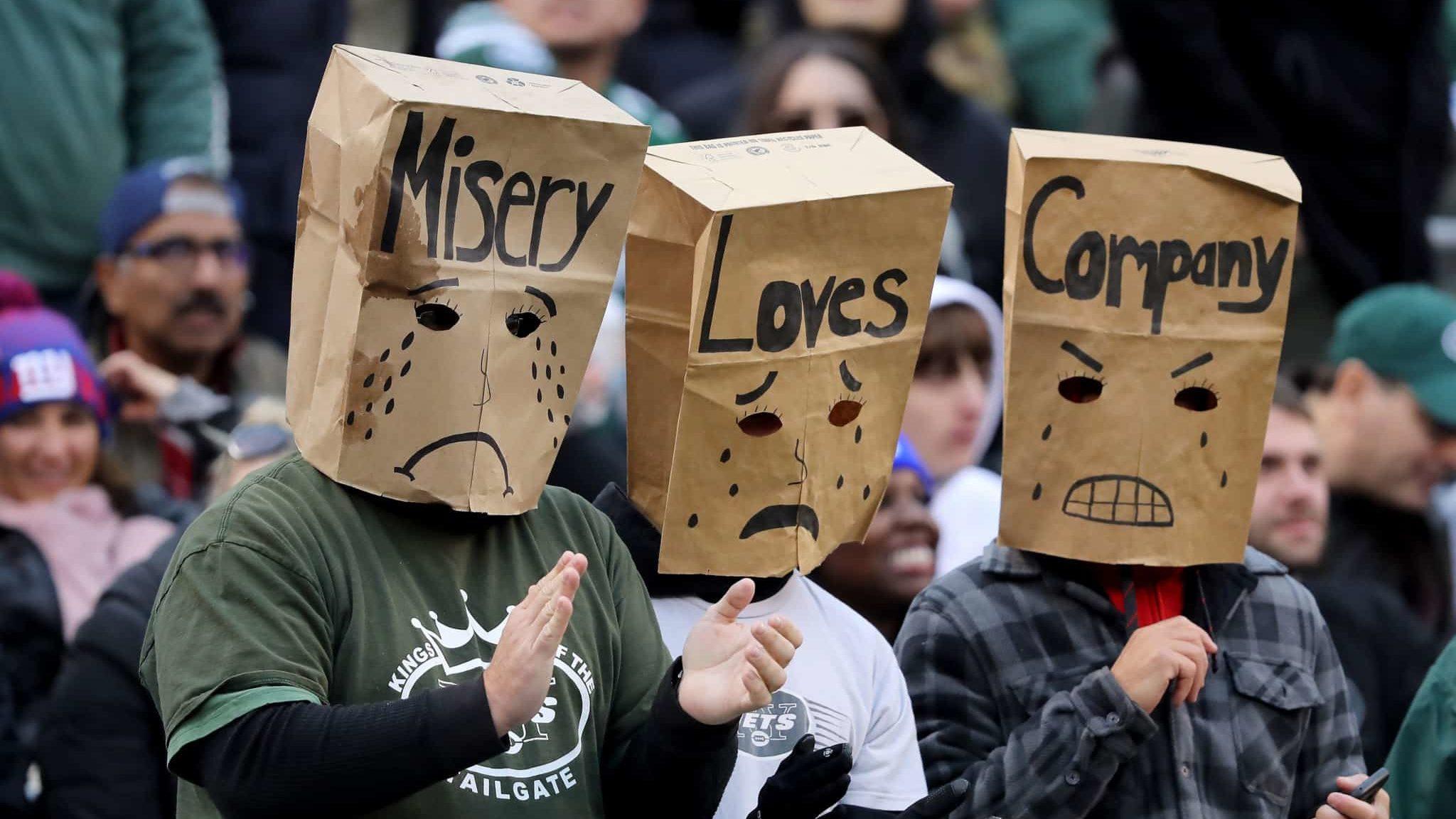 EAST RUTHERFORD, NEW JERSEY - NOVEMBER 10: New York Jets fans react during the third quarter against the New York Giants at MetLife Stadium on November 10, 2019 in East Rutherford, New Jersey.The New York Jets defeated the New York Giants 34-27.
