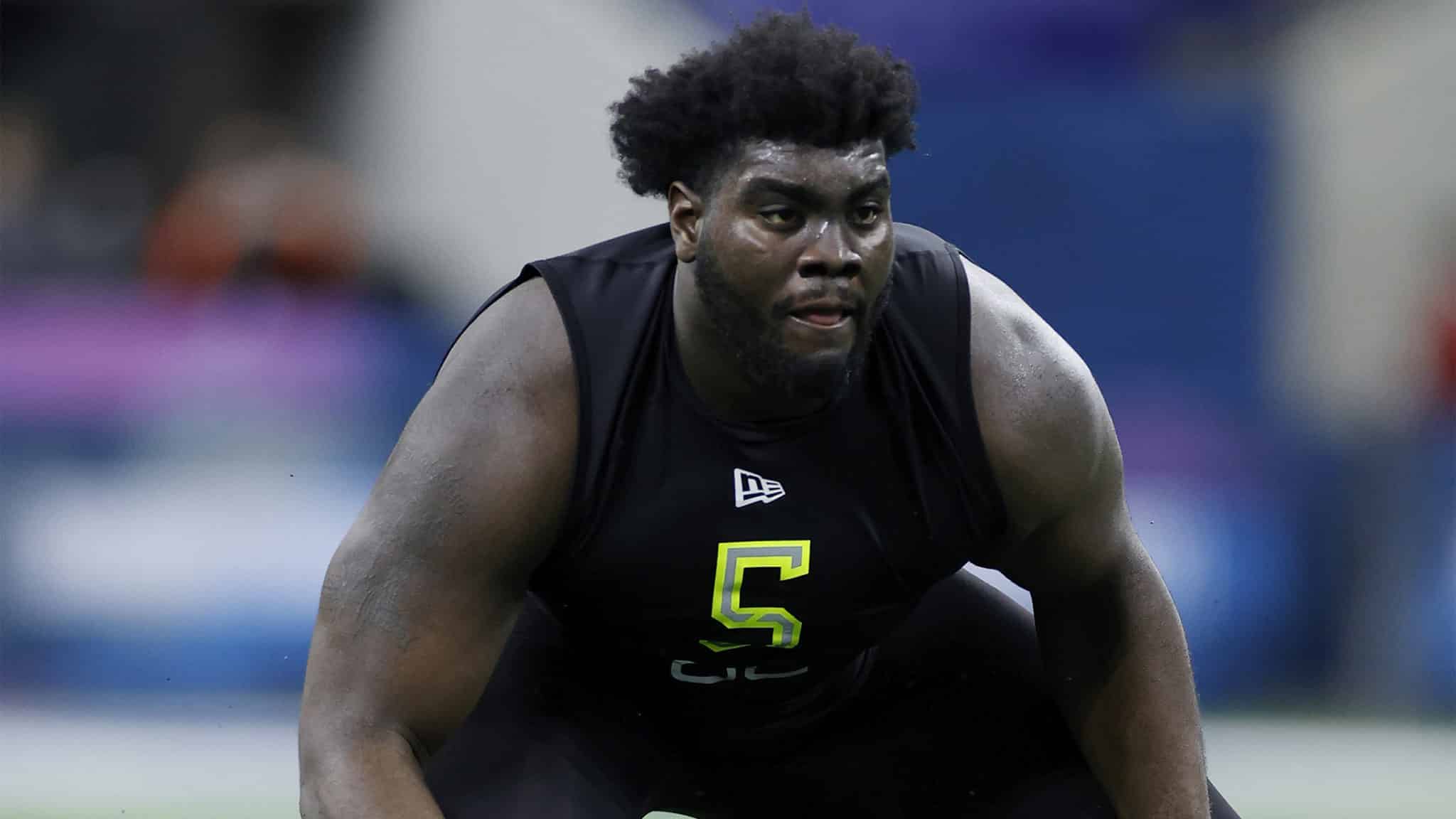 INDIANAPOLIS, IN - FEBRUARY 28: Offensive lineman Mekhi Becton of Louisville runs a drill during the NFL Combine at Lucas Oil Stadium on February 28, 2020 in Indianapolis, Indiana.