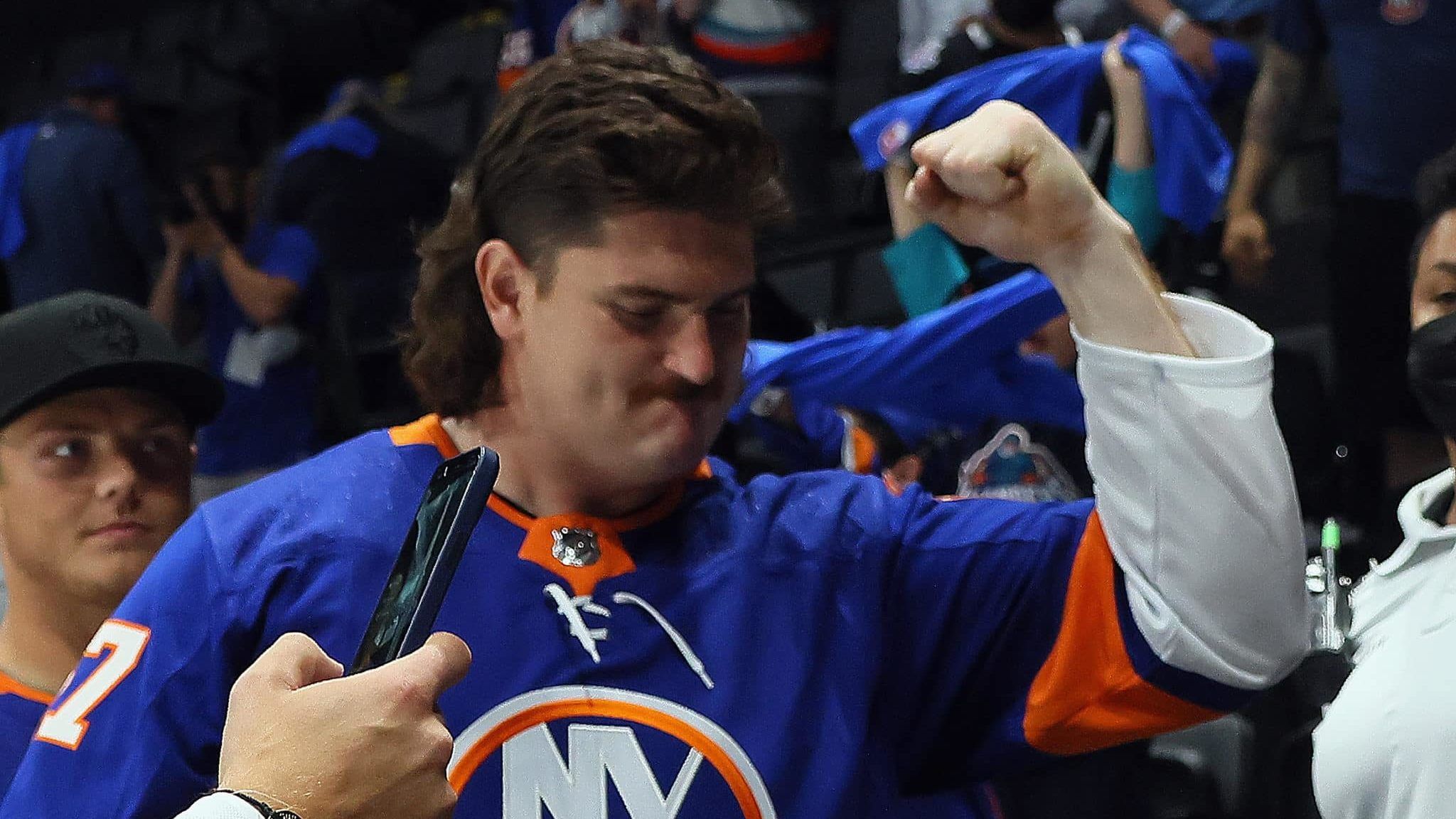 UNIONDALE, NEW YORK - MAY 22: Dan Feeney of the New York jets attends the game between the New York islanders and the New York Jets in Game Four of the First Round of the 2021 Stanley Cup Playoffs at the Nassau Coliseum on May 22, 2021 in Uniondale, New York.