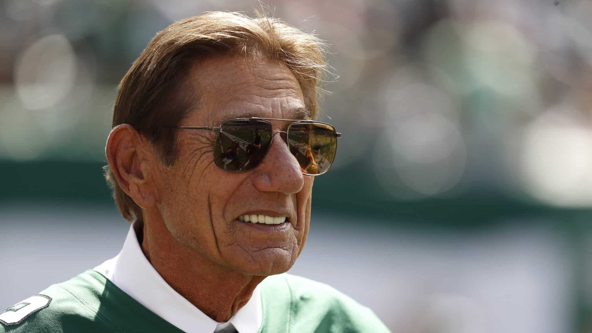 EAST RUTHERFORD, NEW JERSEY - SEPTEMBER 08: NFL Hall of Famer Joe Namath leaves the field during the first quarter at a game between the New York Jets and the Buffalo Bills at MetLife Stadium on September 08, 2019 in East Rutherford, New Jersey.