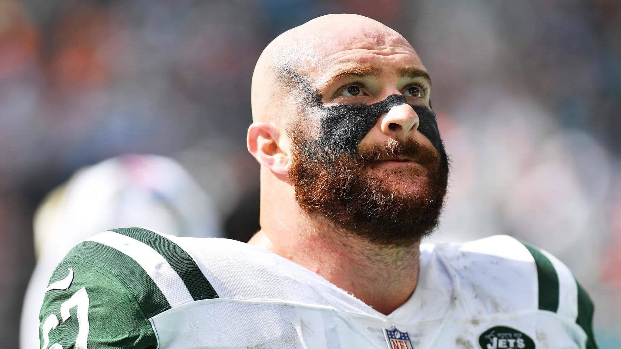 MIAMI, FL - NOVEMBER 04: Brian Winters #67 of the New York Jets looks on in the first half of their game against the Miami Dolphins at Hard Rock Stadium on November 4, 2018 in Miami, Florida.