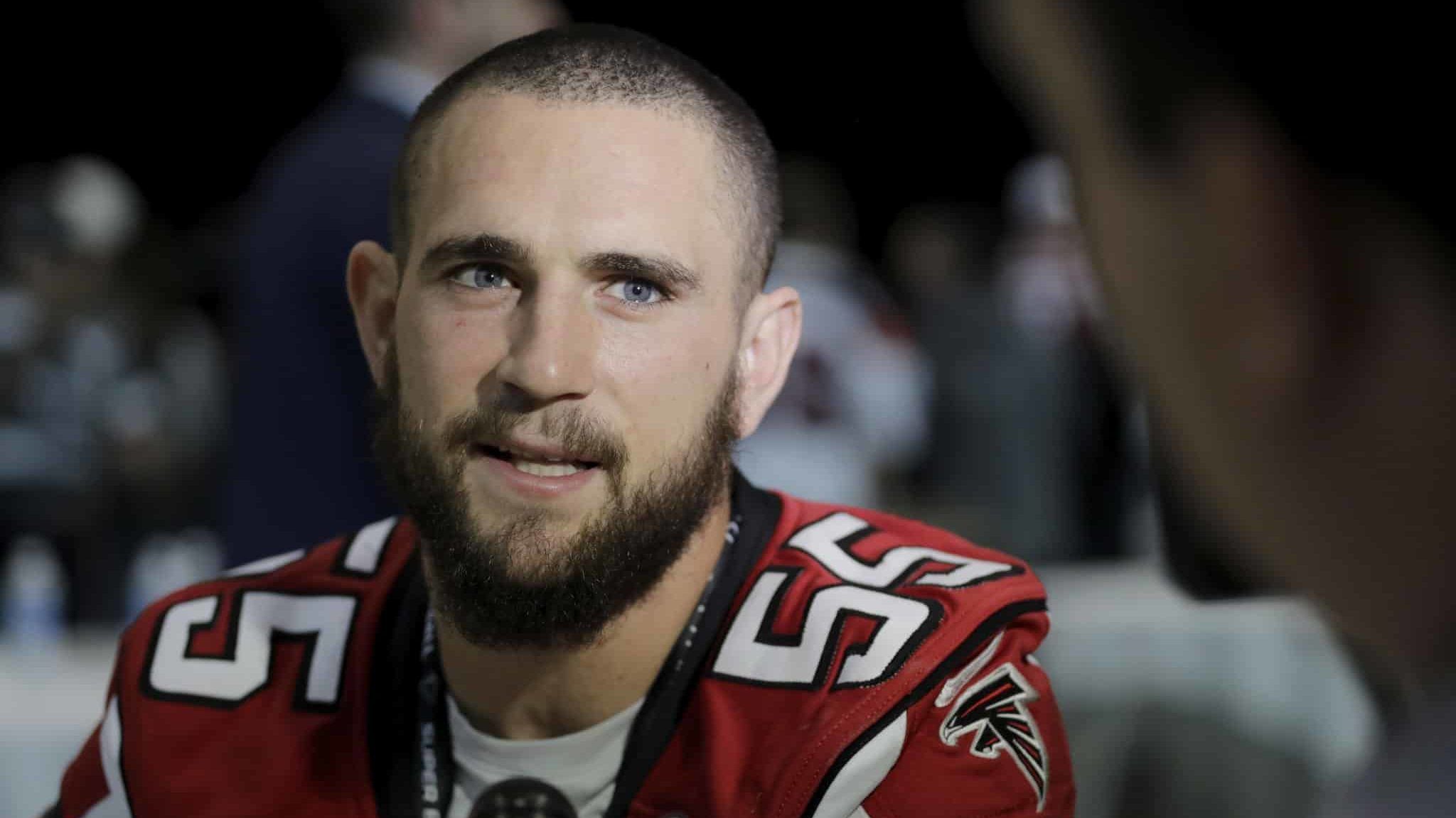 HOUSTON, TX - FEBRUARY 02: Paul Worrilow #55 of the Atlanta Falcons speaks with the media during the Super Bowl LI press conference on February 2, 2017 in Houston, Texas.