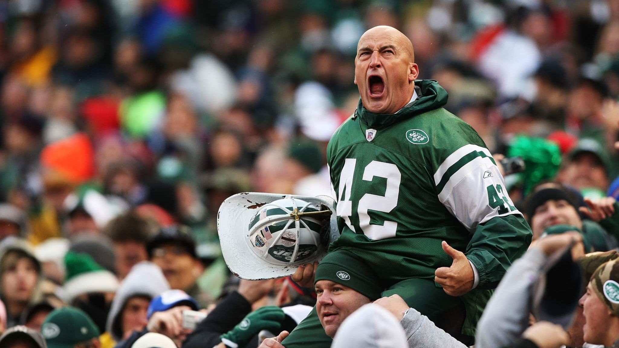 EAST RUTHERFORD, NJ - OCTOBER 18: New York Jets fan fireman Ed Anzalone cheers during the game between the New York Jets against the Buffalo Bills on October 18, 2009 at Giants Stadium in East Rutherford, New Jersey.