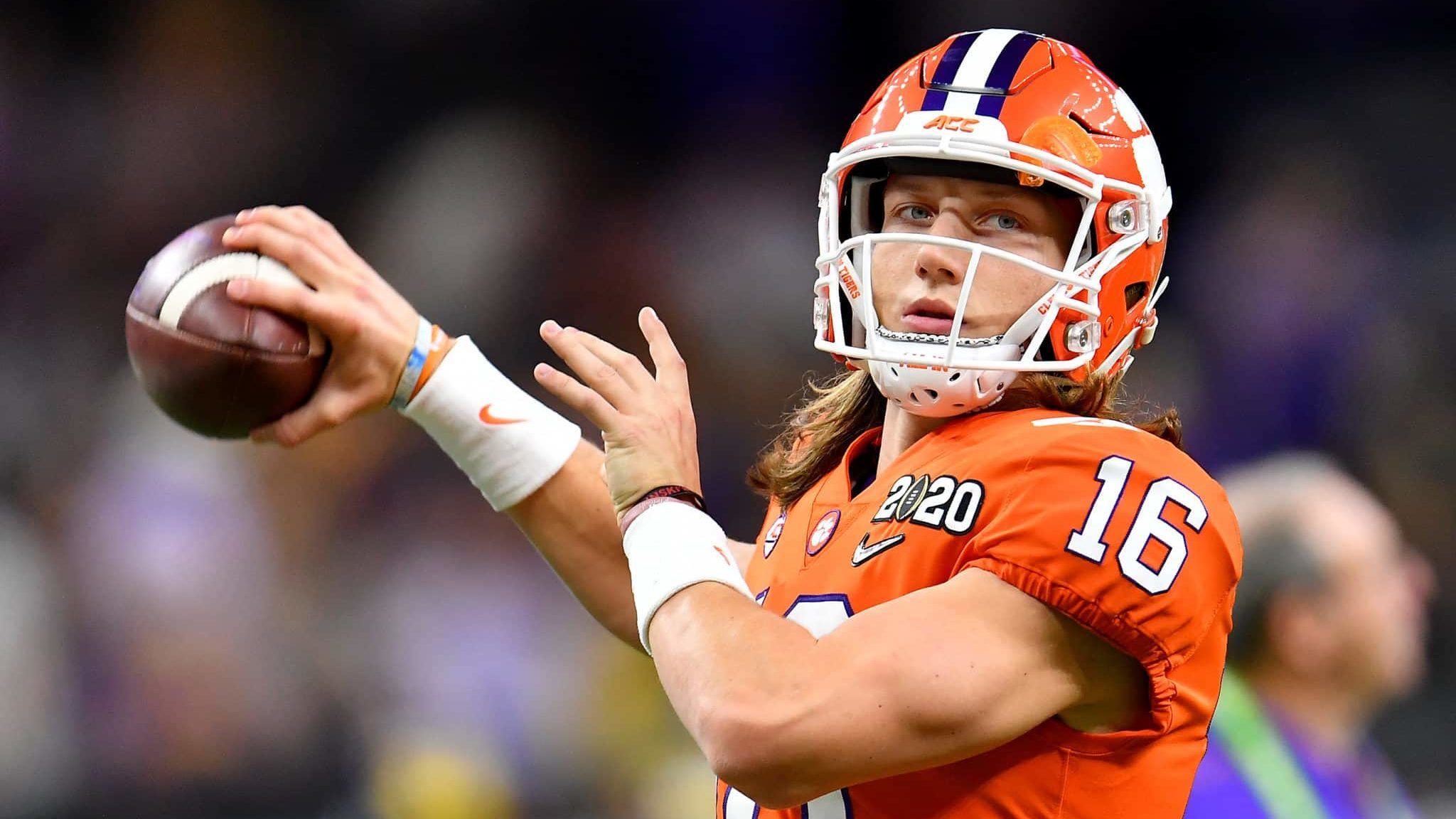 NEW ORLEANS, LOUISIANA - JANUARY 13: Trevor Lawrence #16 of the Clemson Tigers warms up before the College Football Playoff National Championship game against the LSU Tigers at the Mercedes Benz Superdome on January 13, 2020 in New Orleans, Louisiana. The LSU Tigers topped the Clemson Tigers, 42-25.