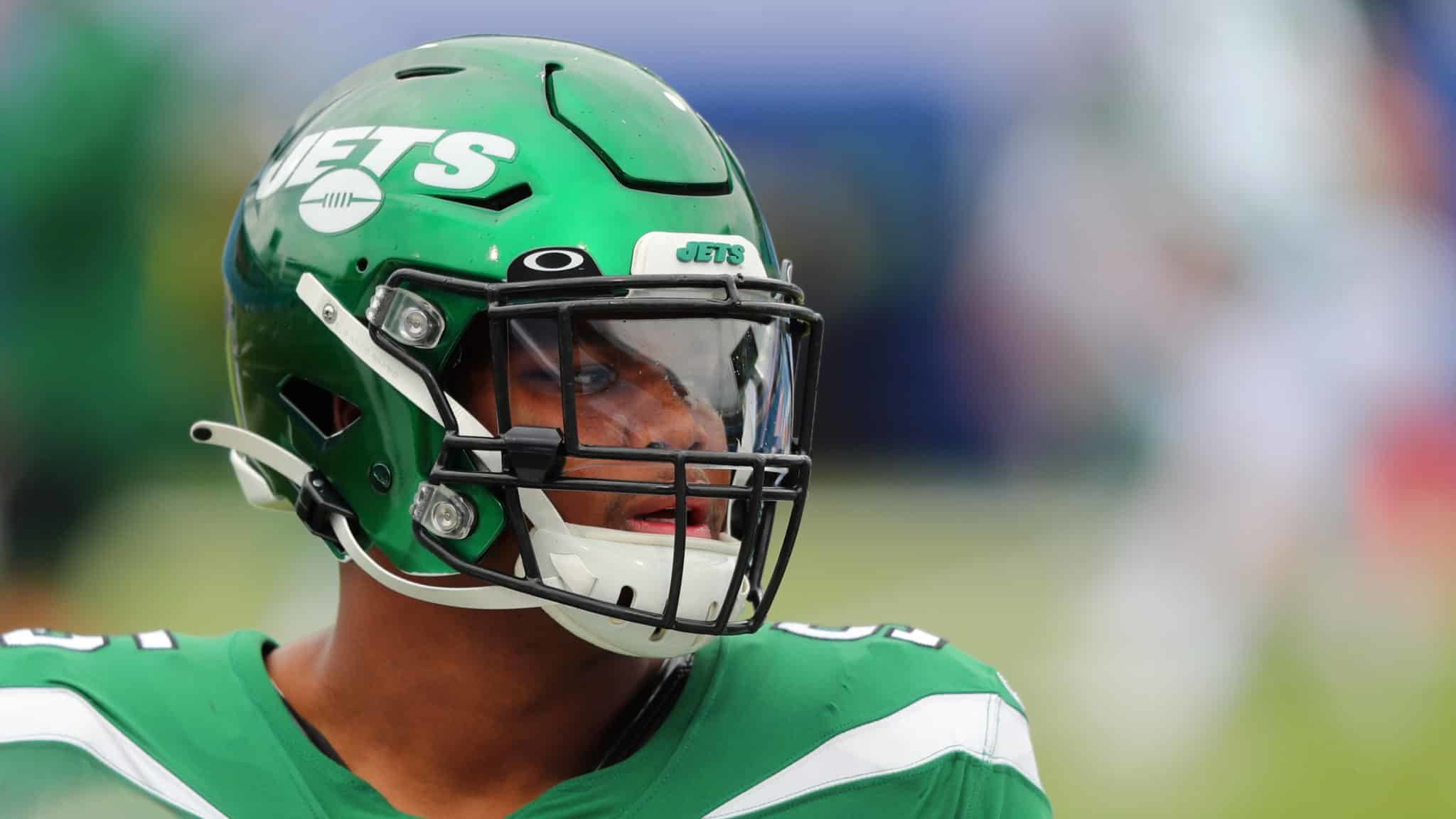ORCHARD PARK, NY - SEPTEMBER 13: Quinnen Williams #95 of the New York Jets on the field before a game against the Buffalo Bills at Bills Stadium on September 13, 2020 in Orchard Park, New York. Bills beat the Jets 27 to 17.