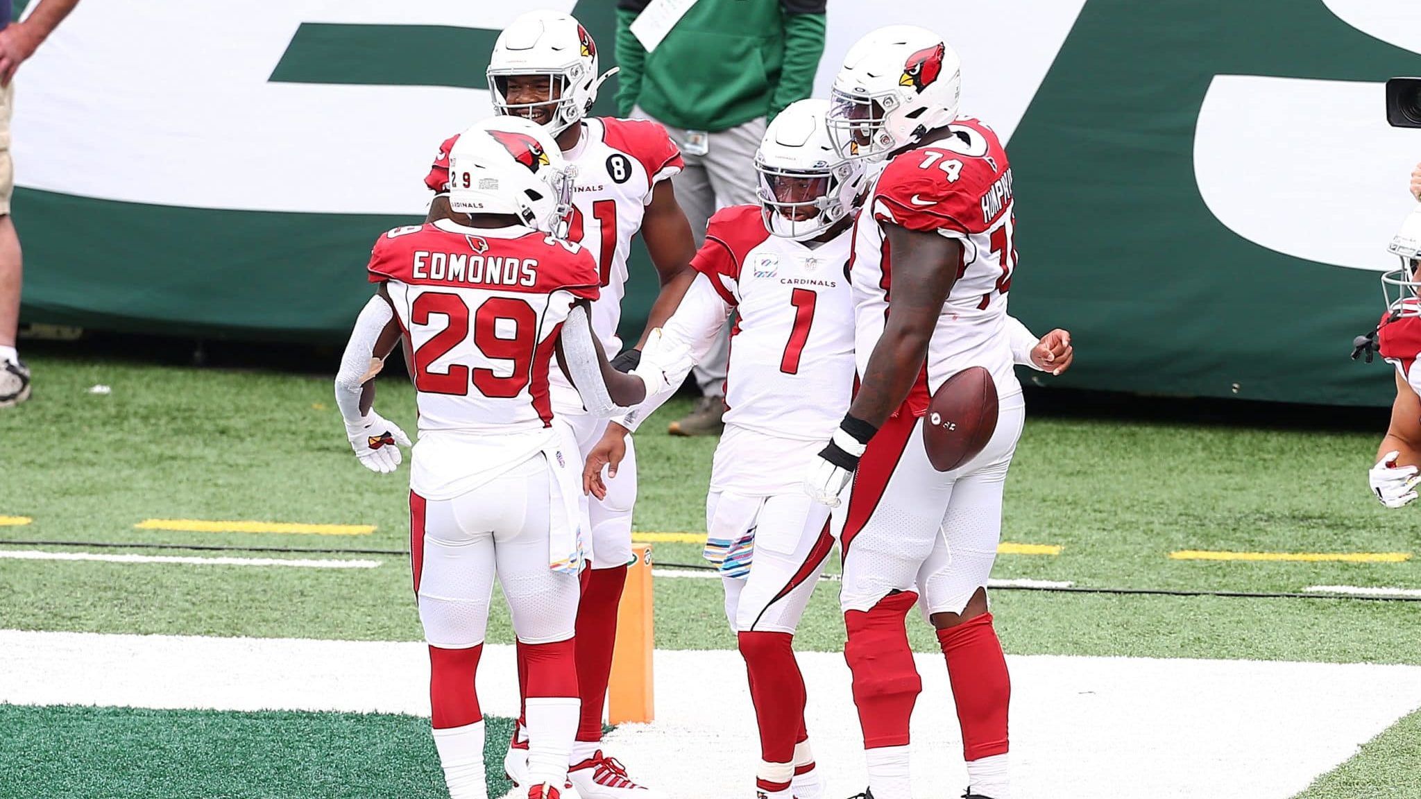 EAST RUTHERFORD, NEW JERSEY - OCTOBER 11: Kyler Murray #1 of the Arizona Cardinals celebrates after rushing the ball in for a second quarter touchdown against the New York Jets at MetLife Stadium on October 11, 2020 in East Rutherford, New Jersey.