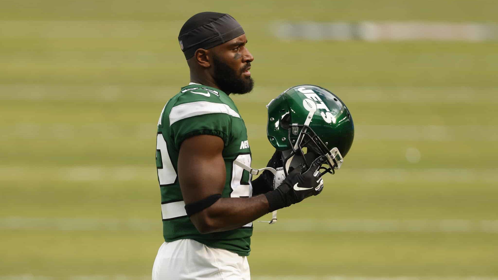 MIAMI GARDENS, FLORIDA - OCTOBER 18: Jamison Crowder #82 of the New York Jets looks on against the Miami Dolphins at Hard Rock Stadium on October 18, 2020 in Miami Gardens, Florida.