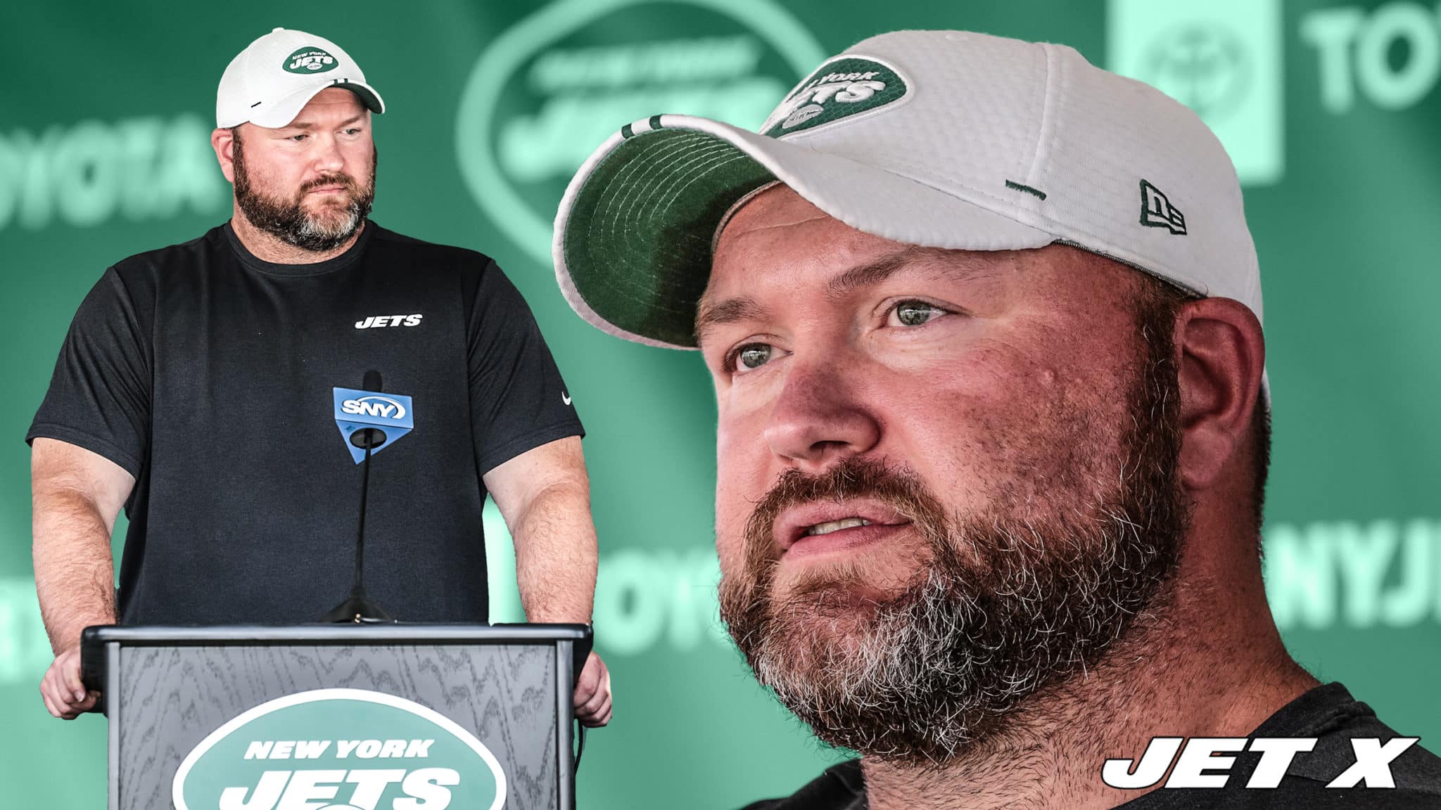 FLORHAM PARK, NJ - AUGUST 03: New York Jets General Manager Joe Douglas speaks to the media following New York Jets Training Camp on August 3, 2019 at Atlantic Health Jets Training Center in Florham Park, NJ