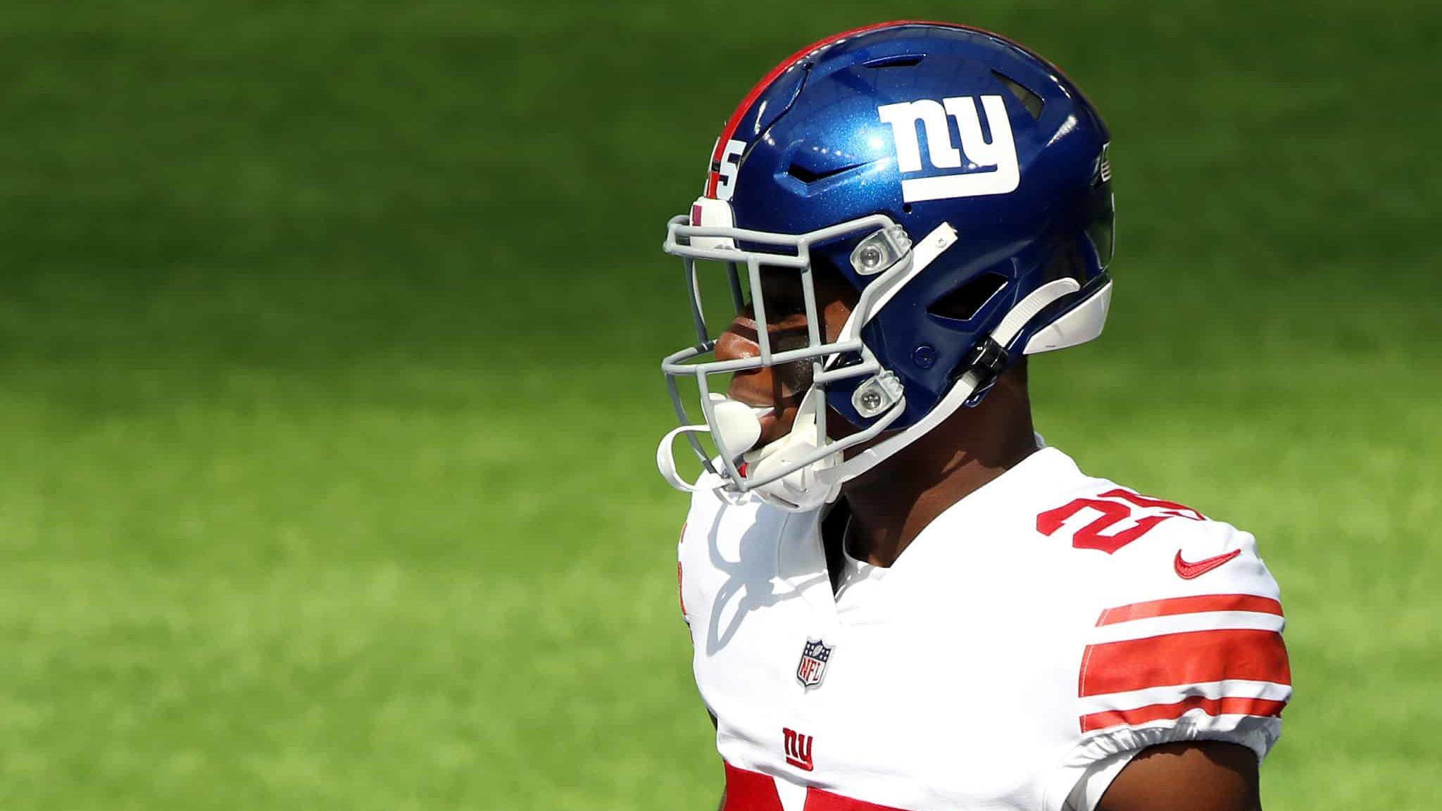 INGLEWOOD, CALIFORNIA - OCTOBER 04: Corey Ballentine #25 of the New York Giants looks on before the game against the Los Angeles Rams at SoFi Stadium on October 04, 2020 in Inglewood, California.