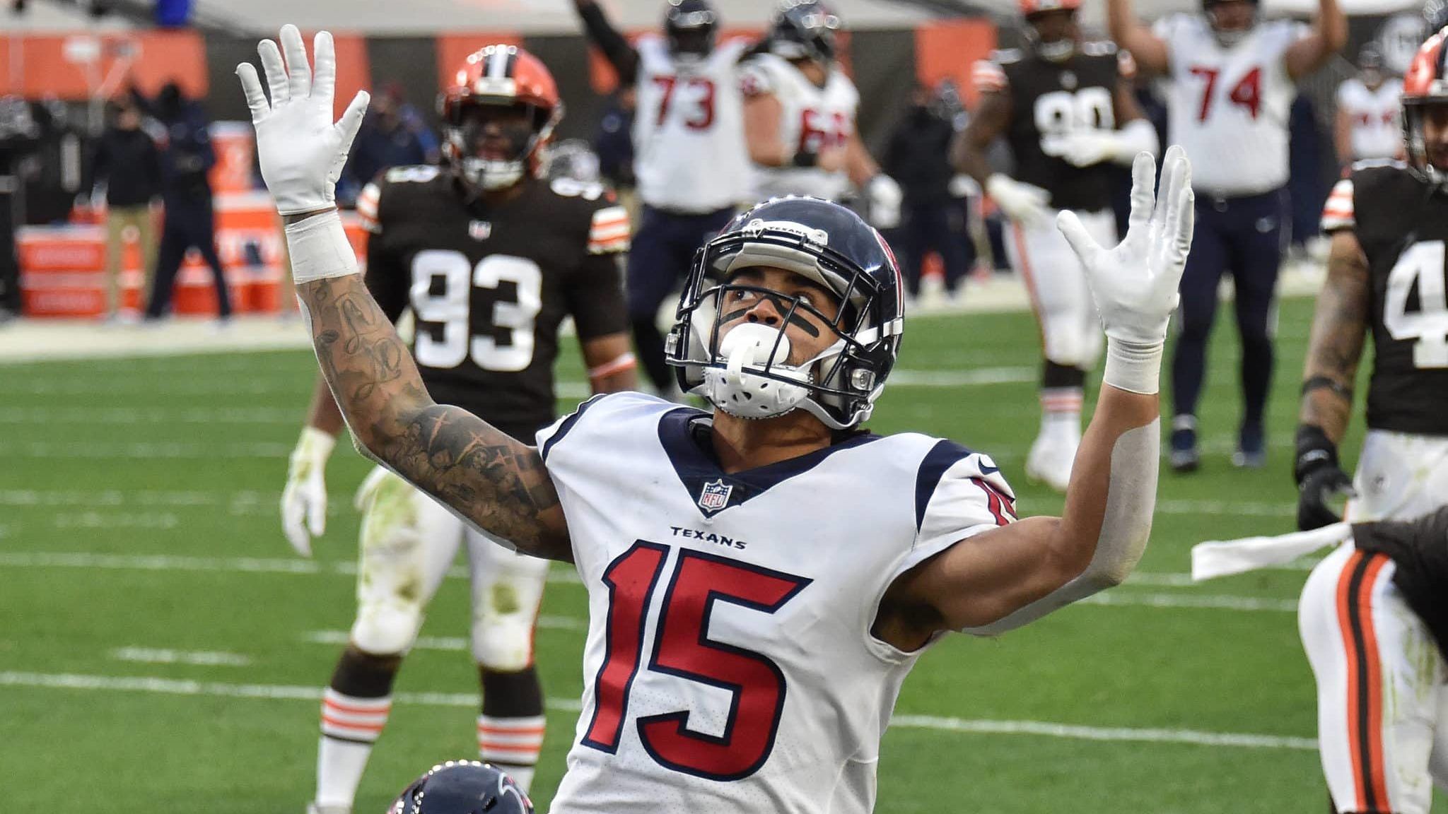 CLEVELAND, OHIO - NOVEMBER 15: Will Fuller V #15 of the Houston Texans celebrates a touchdown reception by teammate Pharaoh Brown (not pictured) against the Cleveland Browns during the second half at FirstEnergy Stadium on November 15, 2020 in Cleveland, Ohio.