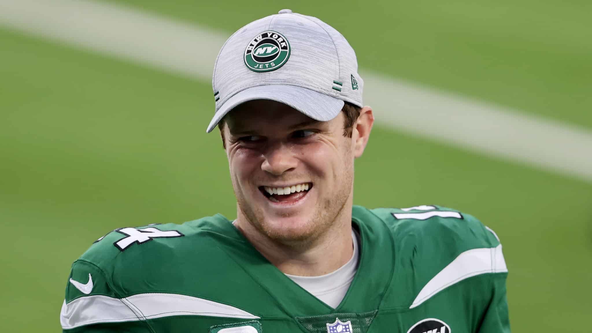 INGLEWOOD, CALIFORNIA - DECEMBER 20: Sam Darnold #14 of the New York Jets looks on after defeating the Los Angeles Rams 23-20 in a game at SoFi Stadium on December 20, 2020 in Inglewood, California.