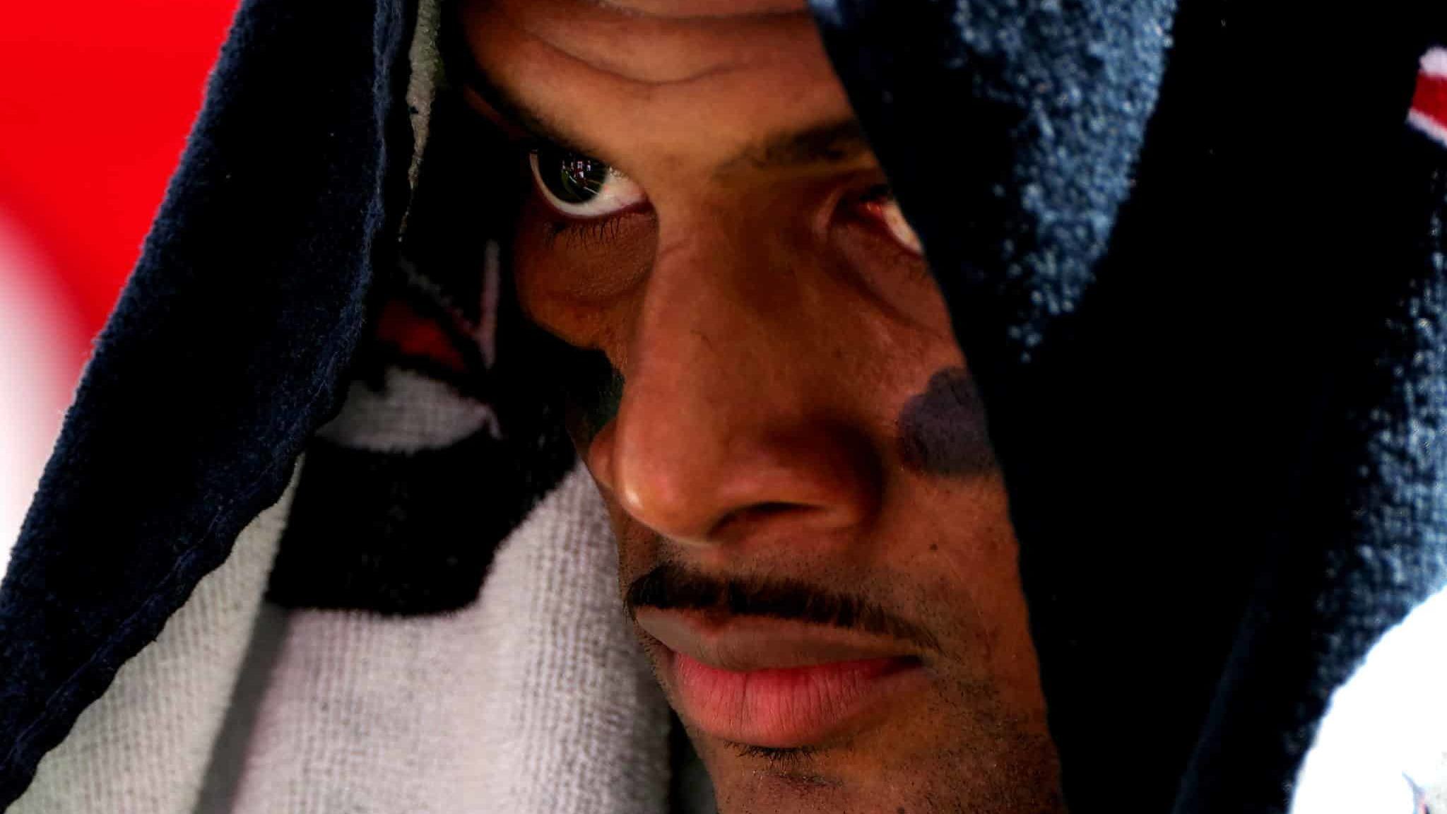 HOUSTON, TEXAS - DECEMBER 06: Deshaun Watson #4 of the Houston Texans reacts during the first half against the Indianapolis Colts at NRG Stadium on December 06, 2020 in Houston, Texas.