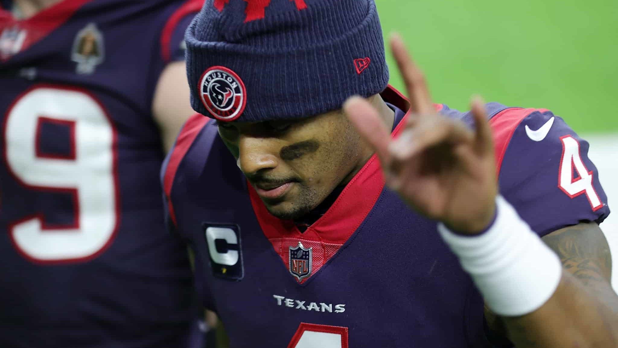 HOUSTON, TEXAS - JANUARY 03: Deshaun Watson #4 of the Houston Texans leaves the field following a game against the Tennessee Titans at NRG Stadium on January 03, 2021 in Houston, Texas.